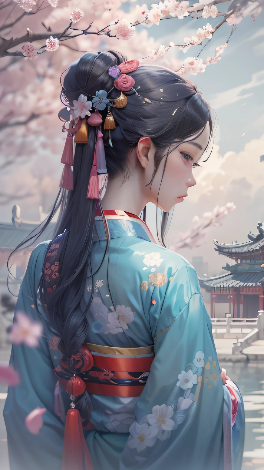 Oriental classical woman with delicate facial features,Raised his head to look at a peach blossom,The ancient city of Hangzhou looms in the background。A drizzle,with petals falling,Bleak blue-gray tones,Character Spotlight,Bust,Drawn by Zao Wou-Ki - Niji5,Depth of field 1.5,Cinematic texture,Top side light