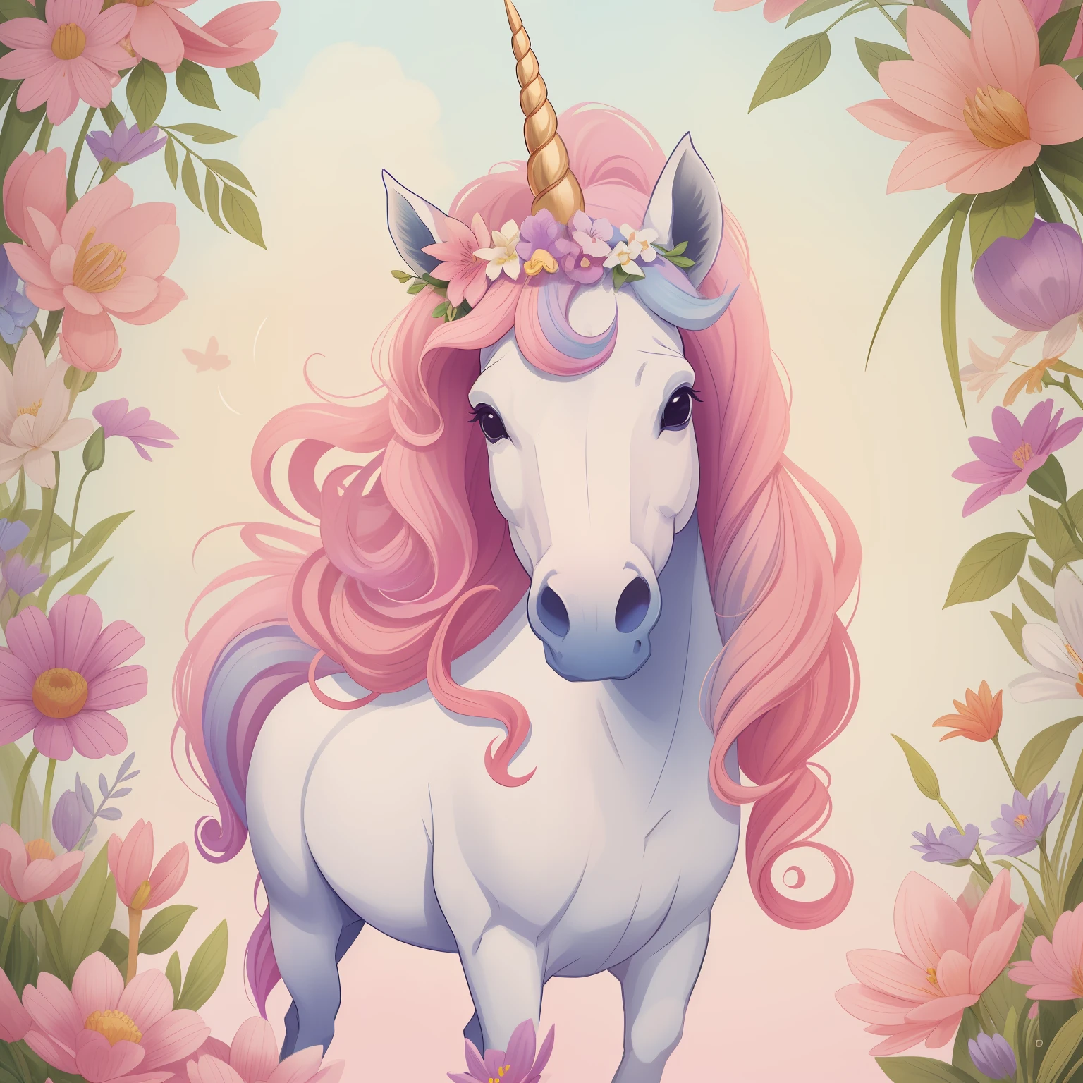 Unicorn with pink mane and flowers on a vintage background, unicorn, white unicorn, a unicorn, unicorns, unicorn horn, beautiful animal pearl queen, unicorn from the tusk movie, magical and mystical, magical fantasy, Cavalo sereno bonito, Directed by: Cíntia Wright, Directed by: Caroline Carruagem-Dayez, Magia Rosa, simplesmente lindo, mytical creature, Directed by: Lucy Peka, bela fantasia