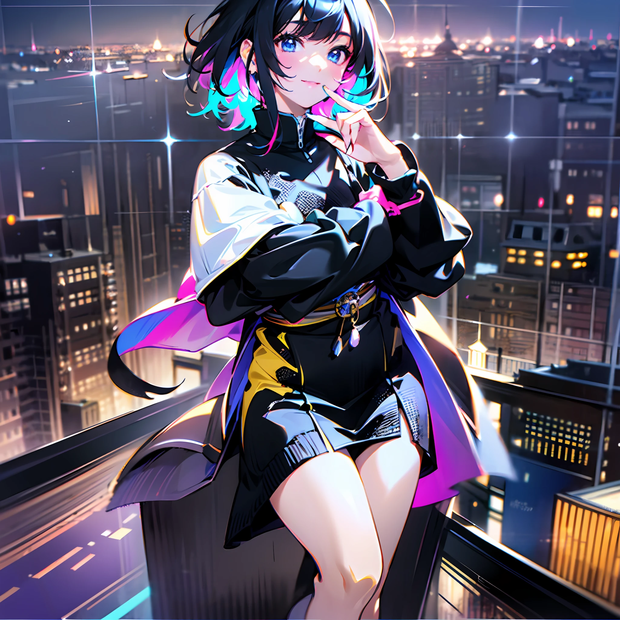 The subject is a young woman in 8K resolution、The style combines urban elegance and coolness.。Her black hair is straight and short bob style。Its inner color is、Includes colorful blue and purple highlights reminiscent of the night sky。
Her outfit is stylish for a night out in the city。Black leather jacket and silver sequence dress、And black high heels。Her pose is full of confidence.、She is smiling at the camera against the illuminated window of a tall building。
Bright glowing city night view in the background。The skyscraper lights towering behind her shone on her.、The night sky is a deep blue with stars shining。Where she stands is on the roof of a building、Its fence is made of glass and steel.、Beyond that, the brightly colored cityscape spreads out.。
In the center of the city, you can see the Japan landmarks of Tokyo Tower and Sky Tree.、Indicates that she is in Tokyo。
The overall tone blends her cool style with the glow of the city at night、BLUE AND BLACK、And bright neon colors create an impressive picture。Because its lighting is 8K resolution、In particular, the contrast between bright and dark areas is emphasized.、Increased depth and reality。