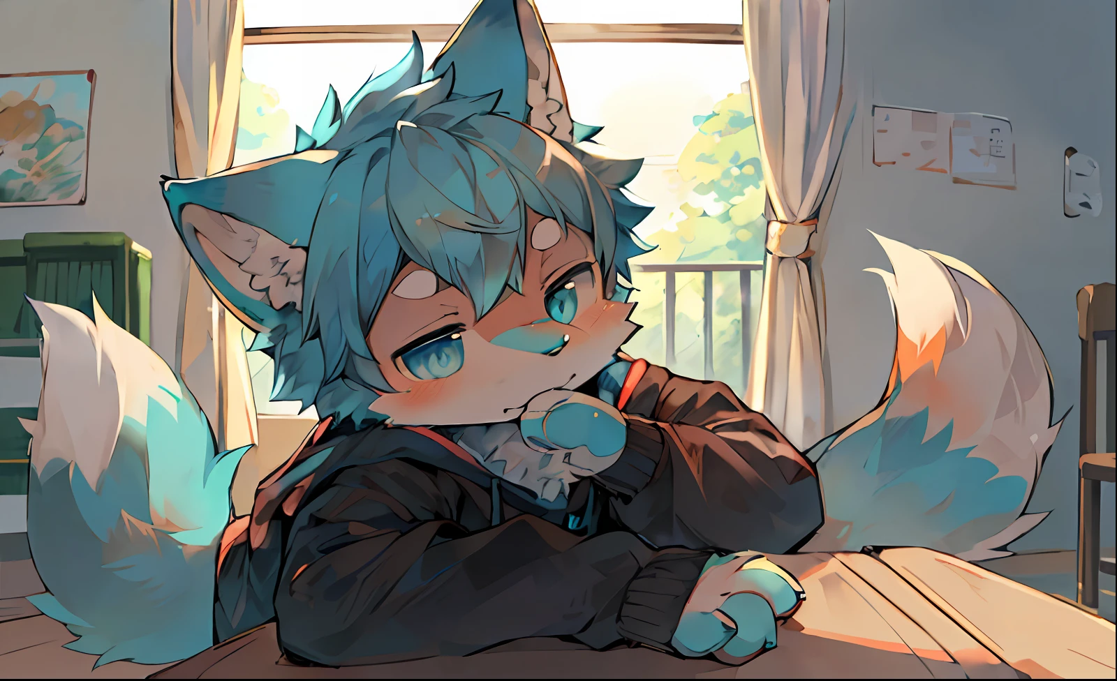 (Bright environment:0.8),masterpiece,high quality,abstract res,digital painting\(artwork\), by dagasi, yupa,kiyosan,(anthro,fluffy fur,character focus:1.1),anthro male cat,short hair,portrait , eyes with brightness, head portrait, Character focus.(detailedbackground:0.7), 独奏, shaggy,Sexual , shaggy male, malefocus, anthr,(Full Body Furry, Fluffy tail,cyan ears, Cyan fur, blue color eyes, blue hairs,Four fingers:1.2), (felid、red fox、Sweatshirt：1.2），（interiors、In the daytime、school ground、playground：1.1）