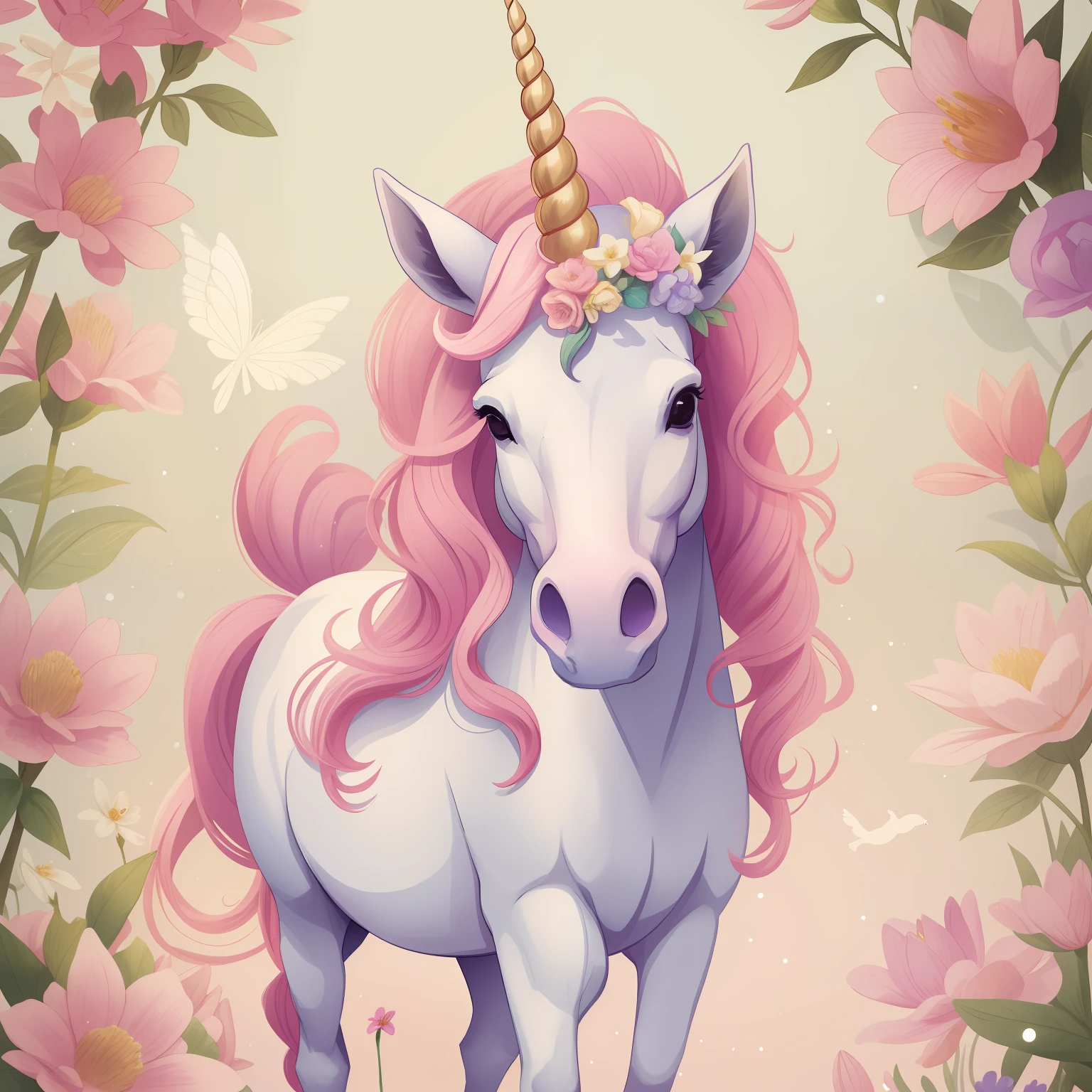 Unicorn with pink mane and flowers on a vintage background, unicorn, white unicorn, a unicorn, unicorns, unicorn horn, beautiful animal pearl queen, unicorn from the tusk movie, magical and mystical, magical fantasy, Cavalo sereno bonito, Directed by: Cíntia Wright, Directed by: Caroline Carruagem-Dayez, Magia Rosa, simplesmente lindo, mytical creature, Directed by: Lucy Peka, bela fantasia