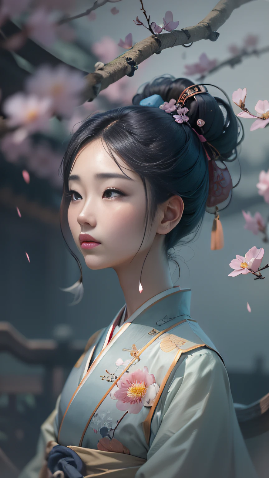 Oriental classical woman with delicate facial features，Raised his head to look at a peach blossom，The ancient city of Hangzhou looms in the background。A drizzle，with petals falling，Bleak blue-gray tones，Character Spotlight，Bust，Drawn by Zao Wou-Ki - Niji5，Depth of field 1.5，Cinematic texture，Top side light