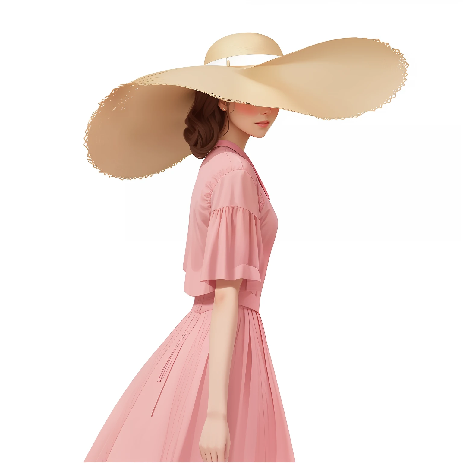 A woman in a pink dress and a big hat, digital art of an elegant, She wears a cap, wearing wide sunhat, wearing huge straw hat, woman with hat, Stylized digital illustration, illustration!, with straw hat, author：Ethan Tanaka, wearing straw hat, Digital drawing, drawn with photoshop, Digital illustration, in style of digital painting