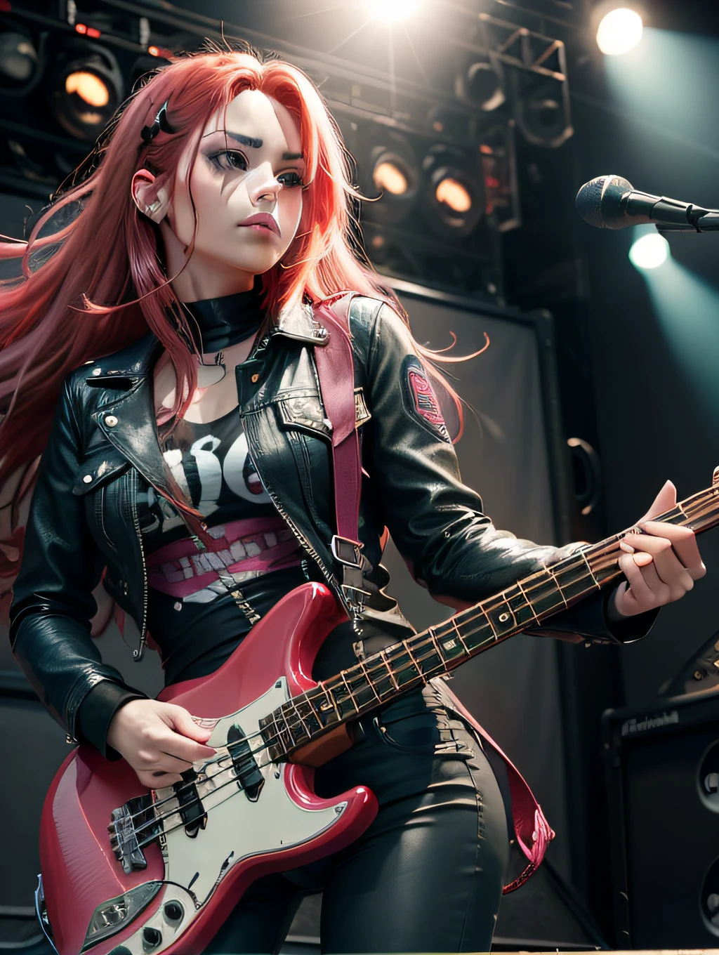 woman playing bass guitar on rock concert stage, rocker dressed in black denim jacket, black leather pants, with long red hair with pink streak.