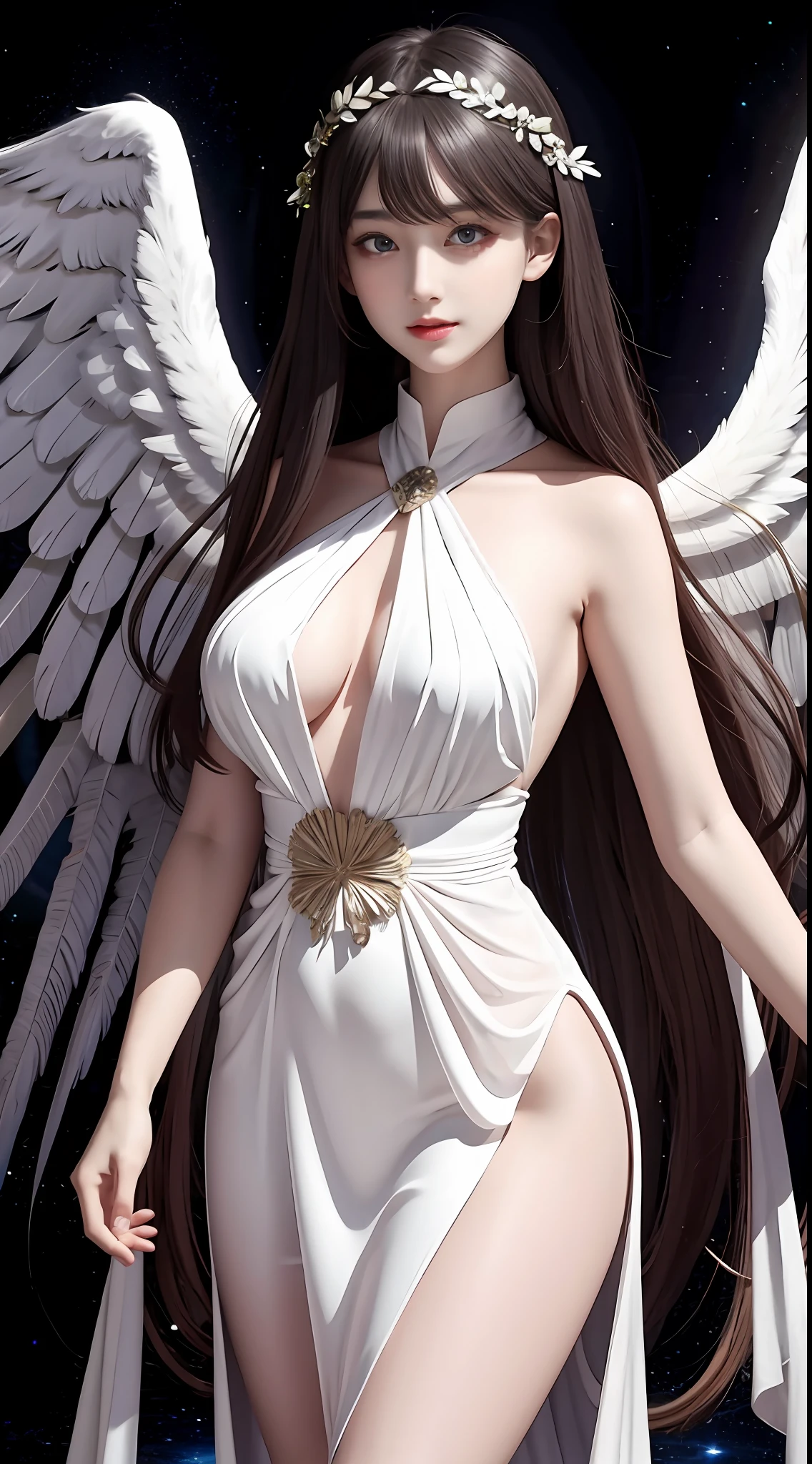 Ultra-realistic 8K CG, perfect face, perfect, clean, masterpiece, professional artwork, famous artwork, perfect face, beautiful face, beautiful eyes, cleric suit, lace, open brests, beautiful black clothes, angel wings, angel, white wings, delicate pattern, sexy pose, Fascinating, galactic space background, big moon in the back, flapping wings