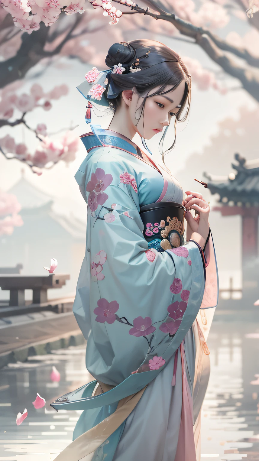 Oriental classical woman with delicate facial features，Raised his head to look at a peach blossom，The ancient city of Hangzhou looms in the background。A drizzle，with petals falling，Bleak blue-gray tones，Character Spotlight，Bust，Drawn by Zao Wou-Ki - Niji5，Depth of field 1.5，Cinematic texture，Top side light