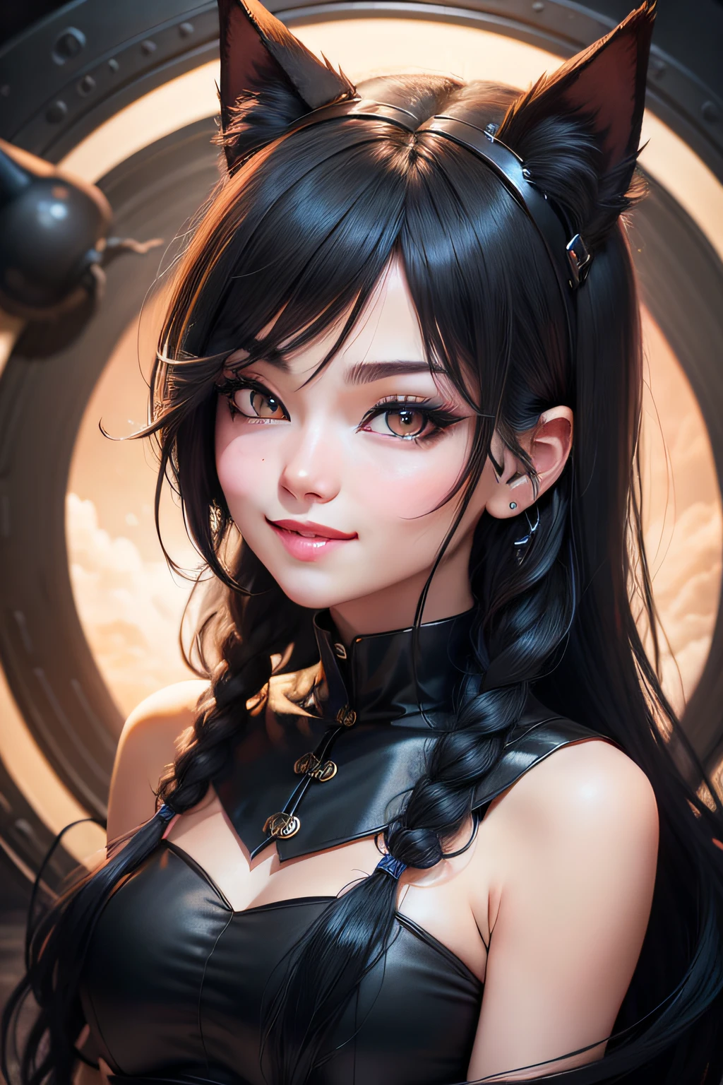 black hair, hair bobbles, wince, longeyelashes, solid circle eyes, fake animal ears, light smile, ear blush, fang, Surrealism, drop shadow, anaglyph, stereogram, tachi-e, pov, atmospheric perspective, 8k, super detail, ccurate, best quality