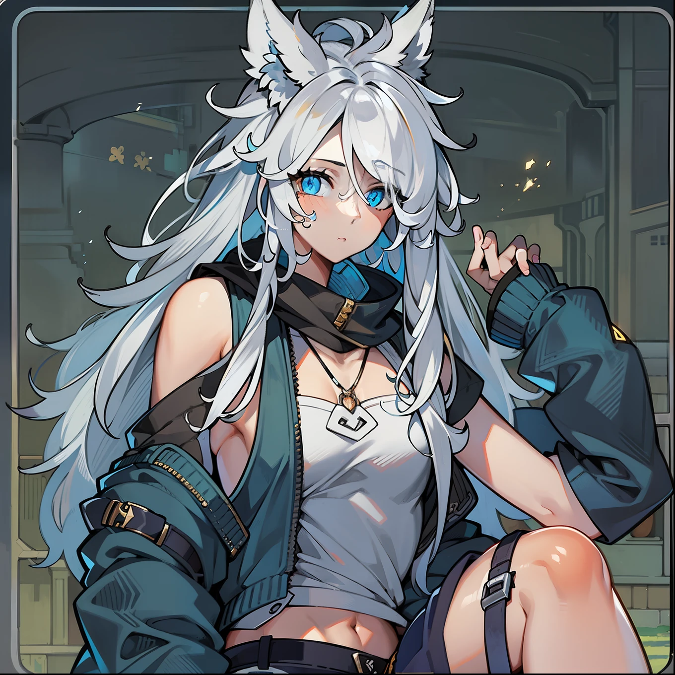 feminine male with long flowing white hair, has wolf ears, had wolf tail, wearing denim short shorts and a cropped black hoodie, thick thighs, wide hips, wearing thigh high socks, solo, alone, no wolves, showing belly, has glowing blue eyes, flat chest