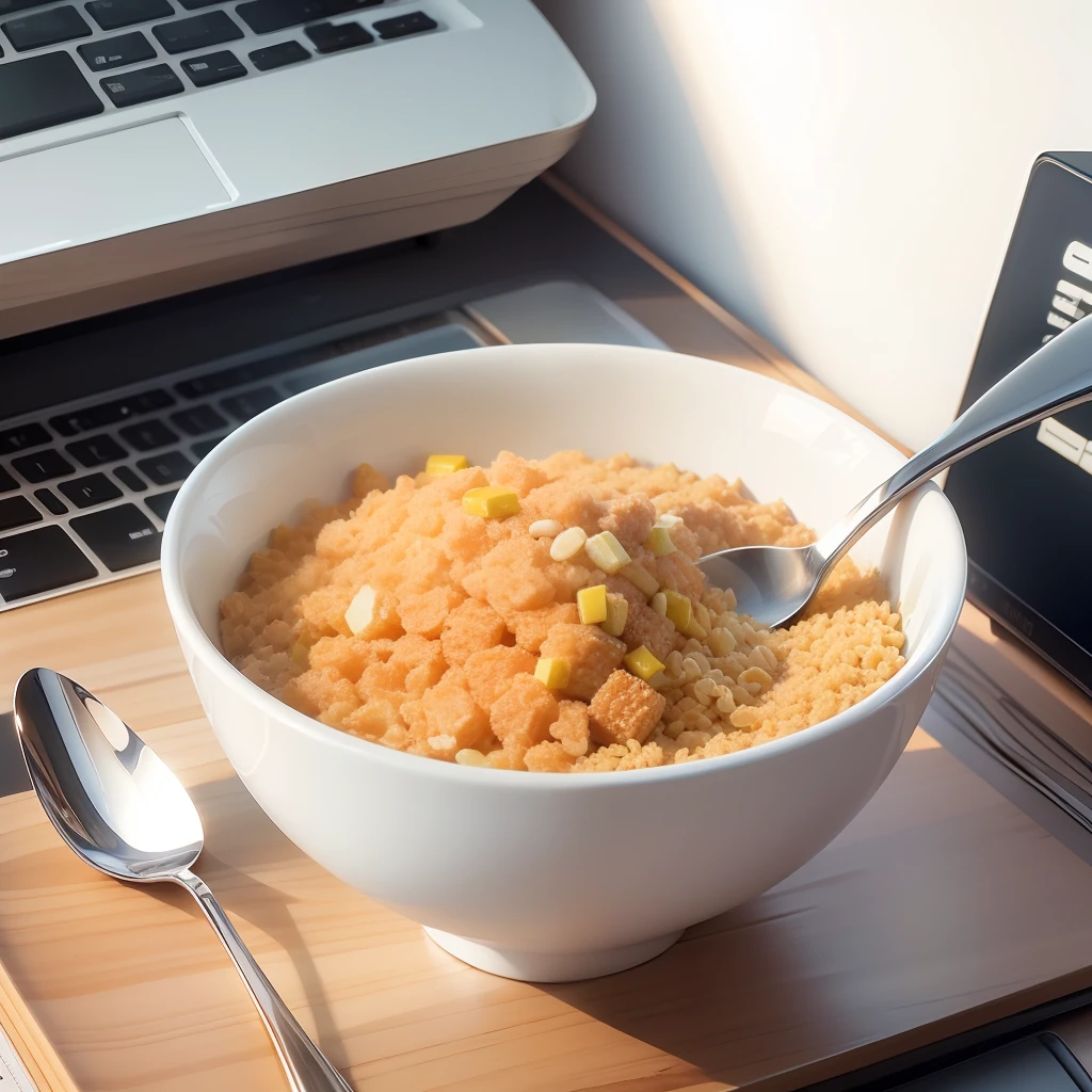 Modern office desktop，HD 2K quality，A bowl of cereal，White cutlery，Medium view display（best qualtiy），（Close-up shot：1.4），