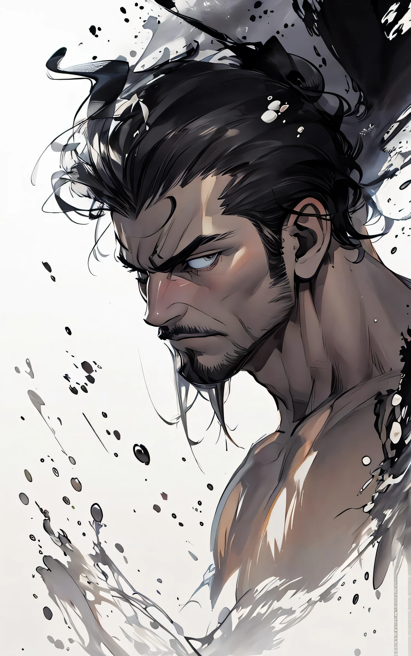 (masterpiece,best quality) , 1man, muscular, detailed eyes, upper body, looking at viewer, ink sketch, topless, (punching), (splashing,abstract background),high contrast,