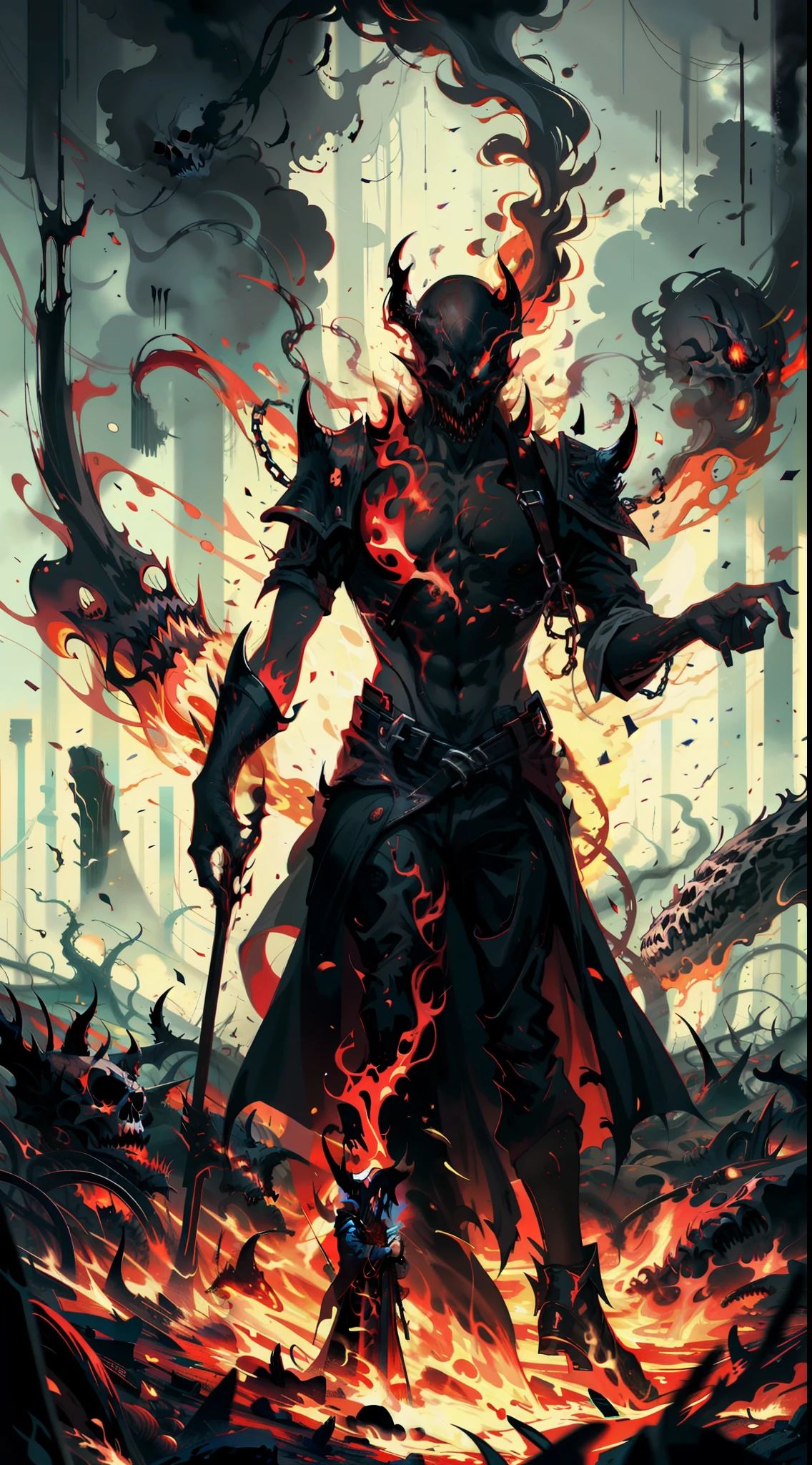 The image, digital illustration like oil realistic painting, depicts a man in the hell, standing in front of a field of skulls, horror-fantasy, vlack famtasy, inferno, chaotic beautiful, surrounded by flames and smoke.This artwork is a surreal dark fantasy painting. It depicts a man standing in front of a burning forest surrounded by a large number of skulls. The man is wearing a red robe and holding a staff in his hand, and he is standing in front of a large number of skulls on the ground.The colors used in this image are red, black and white.( hyper insanely detailed), high-res, world prestige