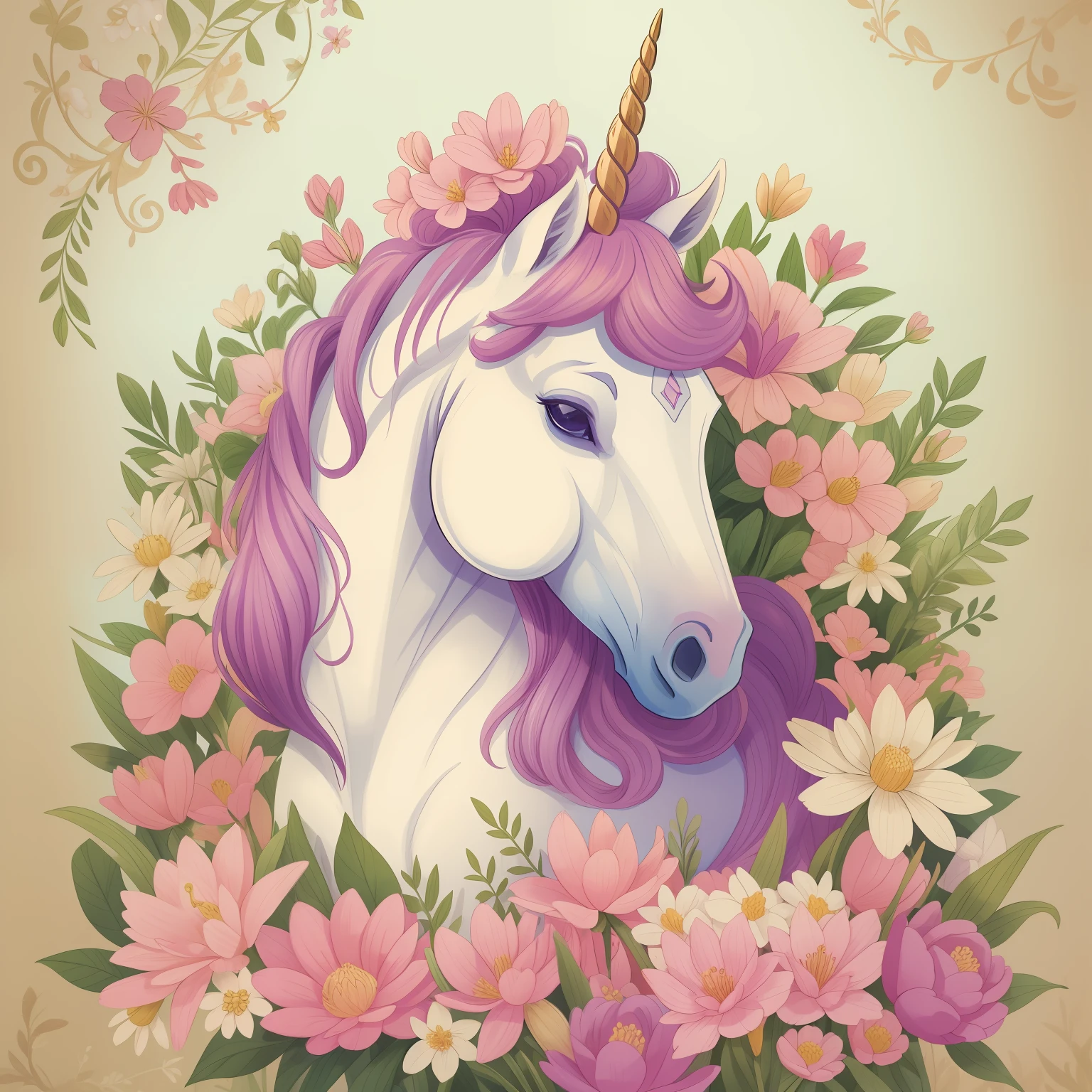 Unicorn with pink mane and flowers on a vintage background, unicorn, white unicorn, a unicorn, unicorns, unicorn horn, beautiful animal pearl queen, unicorn from the tusk movie, magical and mystical, magical fantasy, Cavalo sereno bonito, Directed by: Cíntia Wright, Directed by: Caroline Carruagem-Dayez, Magia Rosa, simplesmente lindo, mytical creature, Directed by: Lucy Peka, bela fantasia
