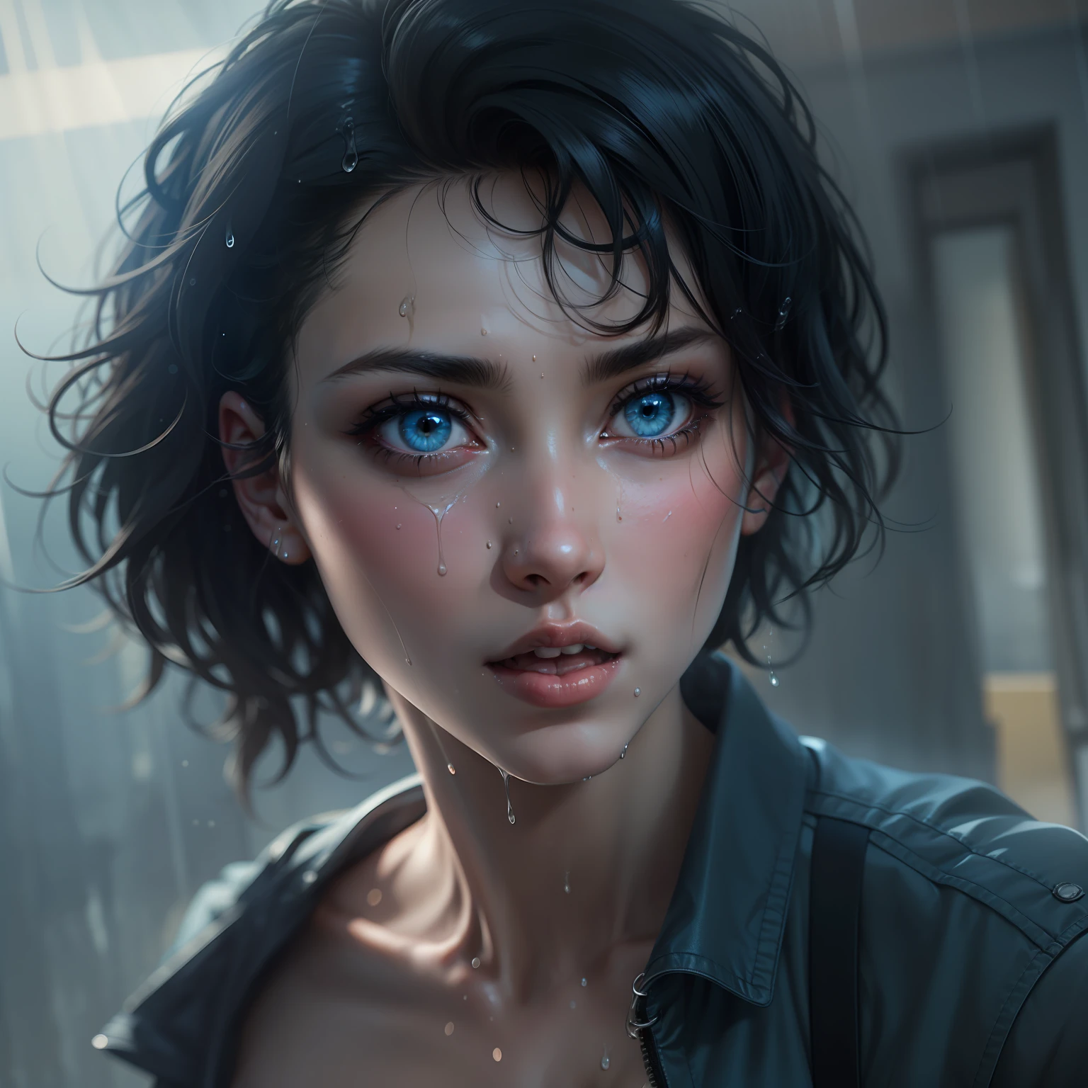 A sexy short black haired girl, blue eyes, sweating, wet, really wants to have sex with me.