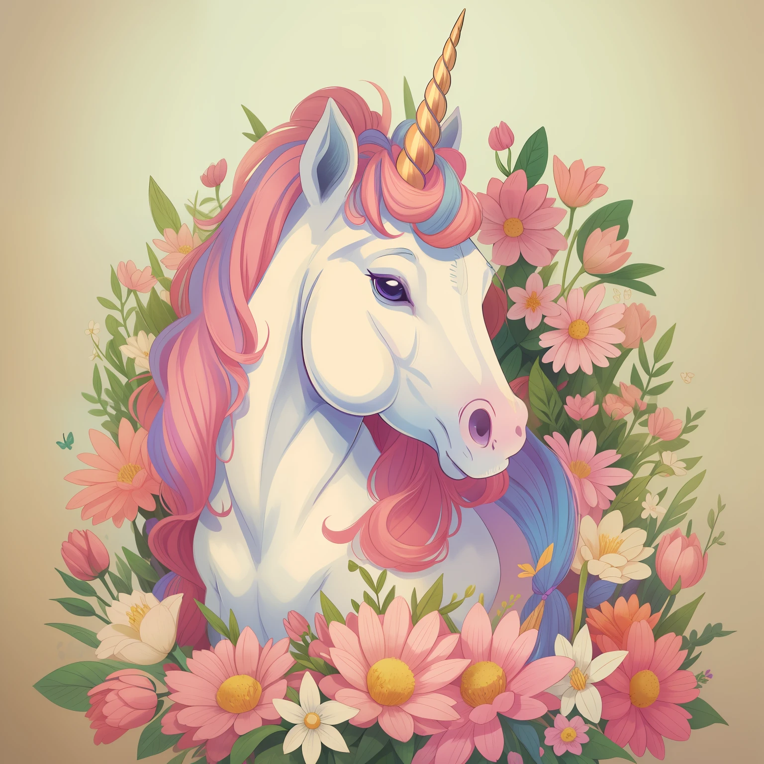 Unicorn with pink mane and flowers on a vintage background, unicorn, white unicorn, a unicorn, unicorns, unicorn horn, beautiful animal pearl queen, unicorn from the tusk movie, magical and mystical, magical fantasy, Cavalo sereno bonito, Directed by: Cíntia Wright, Directed by: Caroline Carruagem-Dayez, Magia Rosa, simplesmente lindo, mytical creature, Directed by: Lucy Peka, bela fantasia