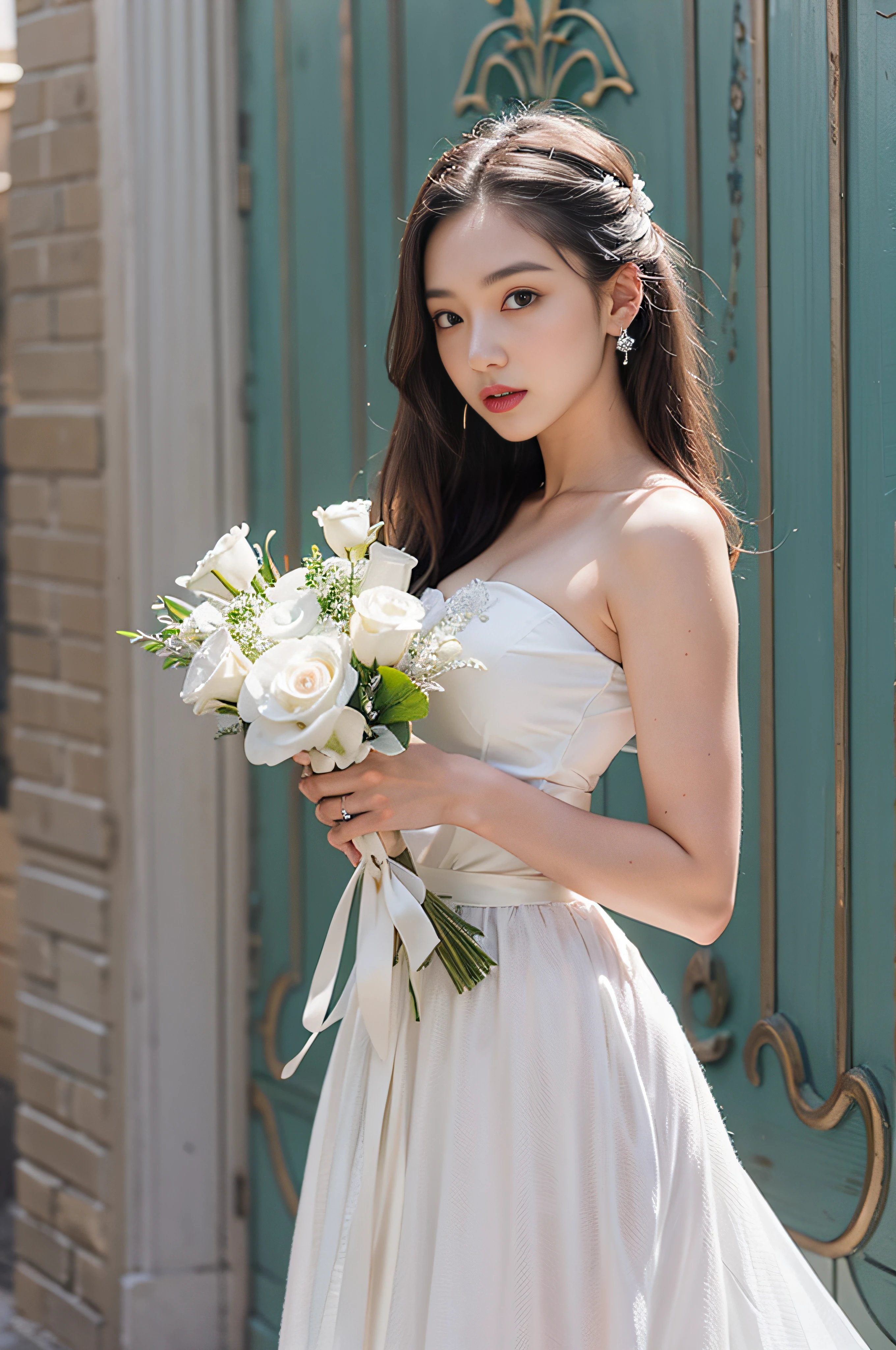 Beautiful 22 year old young lady perfect height ratio wearing white wedding dress tight dress off-the-shoulder waist ribbon