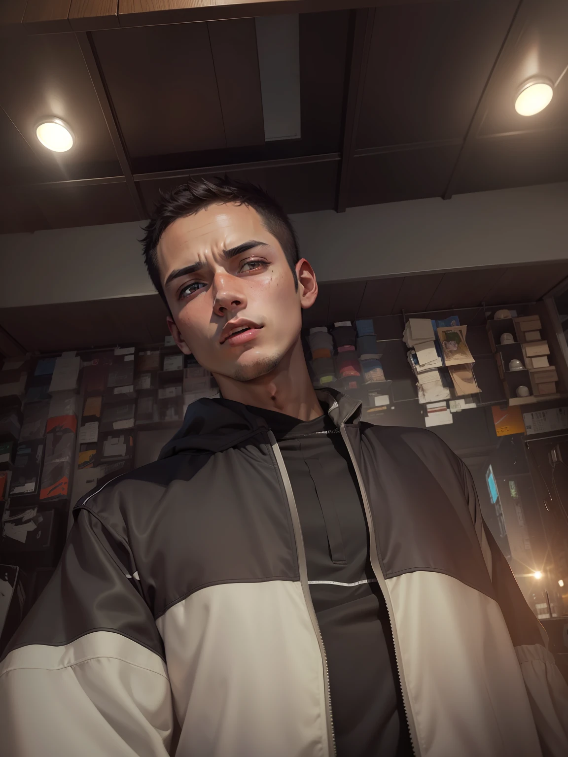masterpiece, best quality, photorealistic, Kouta, young man, shirt, dark short hair, jacket, athletic, frightened, terrified, detailed eyes, high detail skin, (vibrant color:1.2), colorful,