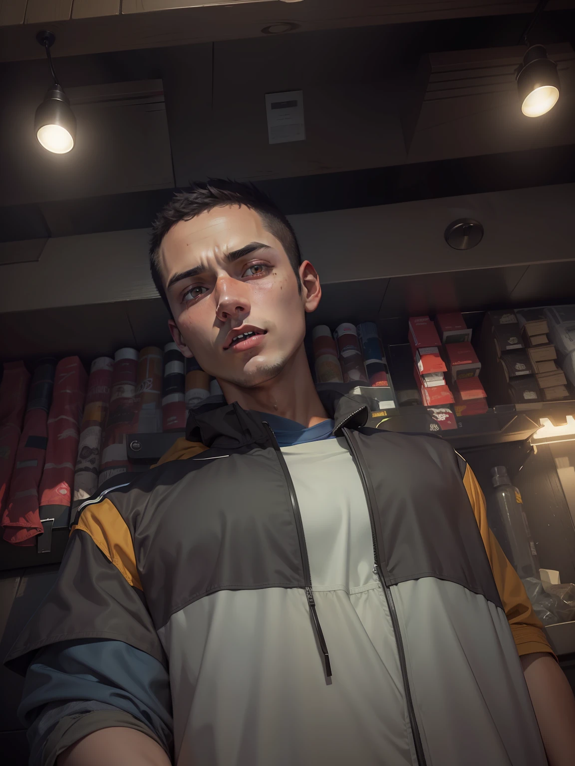masterpiece, best quality, photorealistic, Kouta, young man, shirt, dark short hair, jacket, athletic, frightened, terrified, detailed eyes, high detail skin, (vibrant color:1.2), colorful,