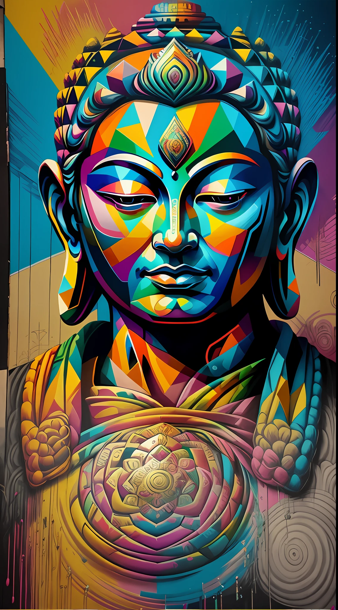 (Budda), Eduardo Kobra padding ,wall PORTRAIT geometric multidimensional, art, yang08k, colorful,
masterpieces, top quality, best quality, official art, beautiful and aesthetic,