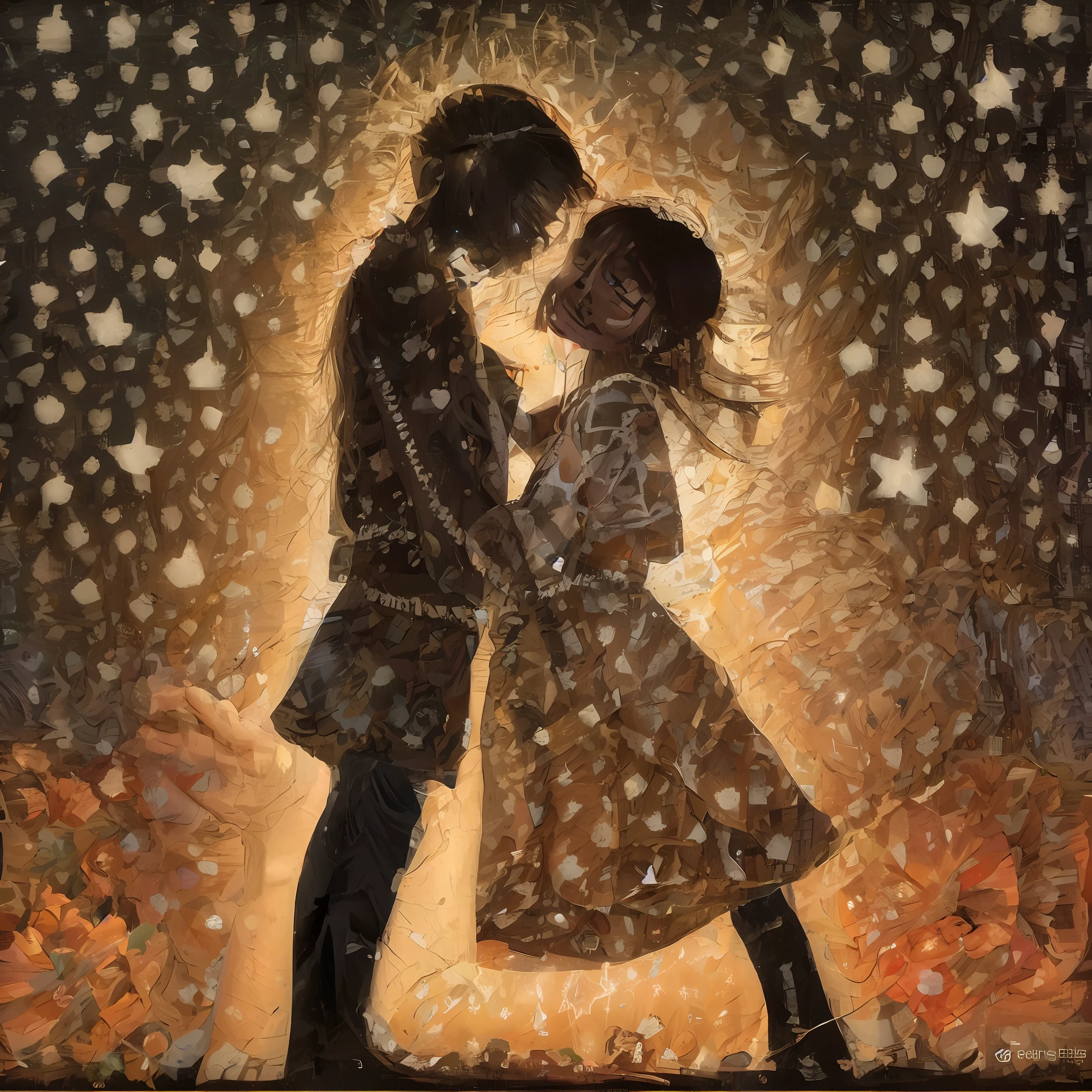 La imagen muestra una pareja abrazada, rodeados de una luz brillante que simboliza el amor que comparten. Children are represented as small bright stars, highlighting their eternal family bond.
Brillos y destellos que resalten el amor entre la pareja, Silhouettes of the children as small stars close to the couple, Warm colors to express love and eternal connection, The couple looking at each other with tenderness and complicity.
"Inmensamente enamorados, brillamos juntos.
Nuestros hijos, Eternal stars in our constellation.
En la adversidad, luchamos con fuerza,
nuestro amor, indestructible and full of passion.
Afrontamos penas, pero siempre juntos,
unidos por un lazo eterno, sin fin."
The artistic style should be a mixture of realism and fantasy, resaltando la emotividad y la magia del amor eterno.