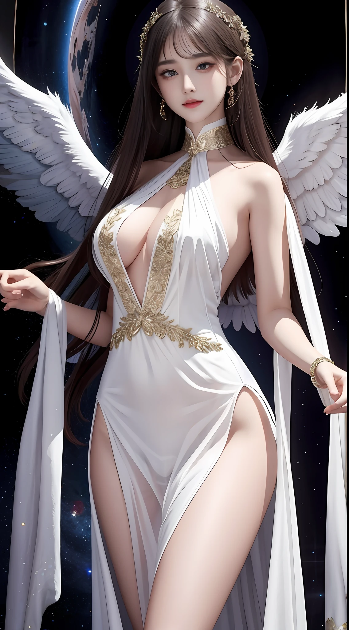 Ultra-realistic 8K CG, perfect face, perfect, clean, masterpiece, professional artwork, famous artwork, perfect face, beautiful face, beautiful eyes, cleric suit, lace, open brests, beautiful black clothes, angel wings, delicate pattern, sexy pose, Fascinating, galactic space background, big moon in the back, flapping wings