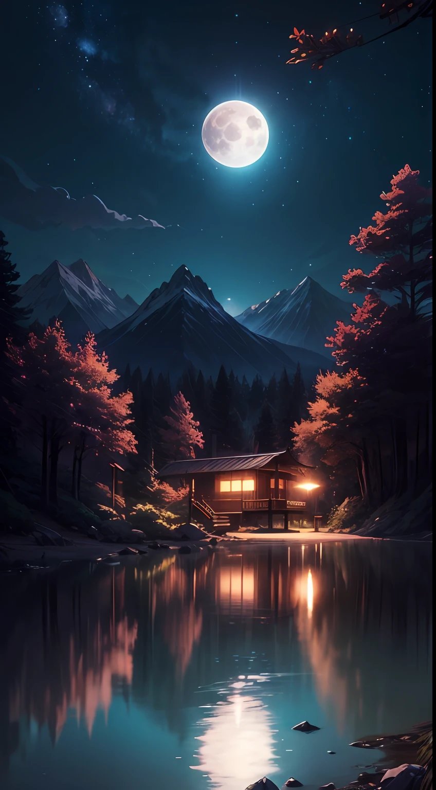 full moon, Hammock between two trees, mountains, concept art by Makoto Shinkai, tumblr, magical realism, beautiful anime scenes, cosmic skies. makoto sinkai, ( ( makoto sinkai ) ), anime background art, anime backgrounds, style of makoto shinkai, Anime Movie Backgrounds,