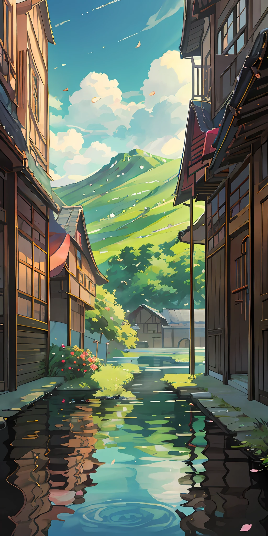 autumnal、jungles、lakes、courtyard、waterfallr,The tree、grassy fields、Rochas、fawn、hot onsen、petals,hydrosphere、(illustratio:1.0)、Epic composition、Realistic lighting、high definition detail、tmasterpiece、Best quality,(非常详细的 CG 统一 8k 壁纸)