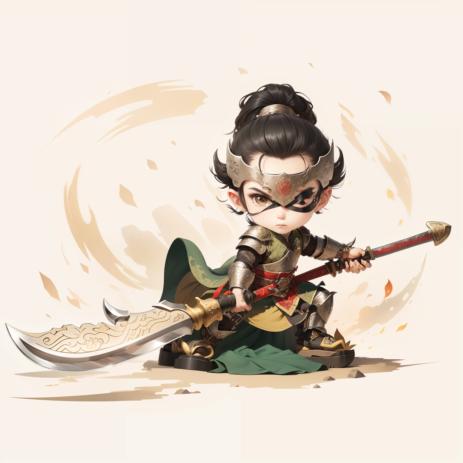 male people,Male characters,tchibi,Bad,Green Dragon Moon Knife,Big knife weapons,The handle has a delicate pattern,Shoulder blades,metal breastplate,chainmail,Animal pattern cuirass,chest plate,Bracers,Flowing hem,China-style,Chinese-style clothing,Chinese shoes,There are beautiful patterns on the weapon grips,Refinement,Fine painting,Refinement,infinite details,high definition detail,Delicate belt,Belt accessories,Male characters,Blindfolds,Black color hair,Patterned,Pattern,Blank background,Bright colors,Metal edging