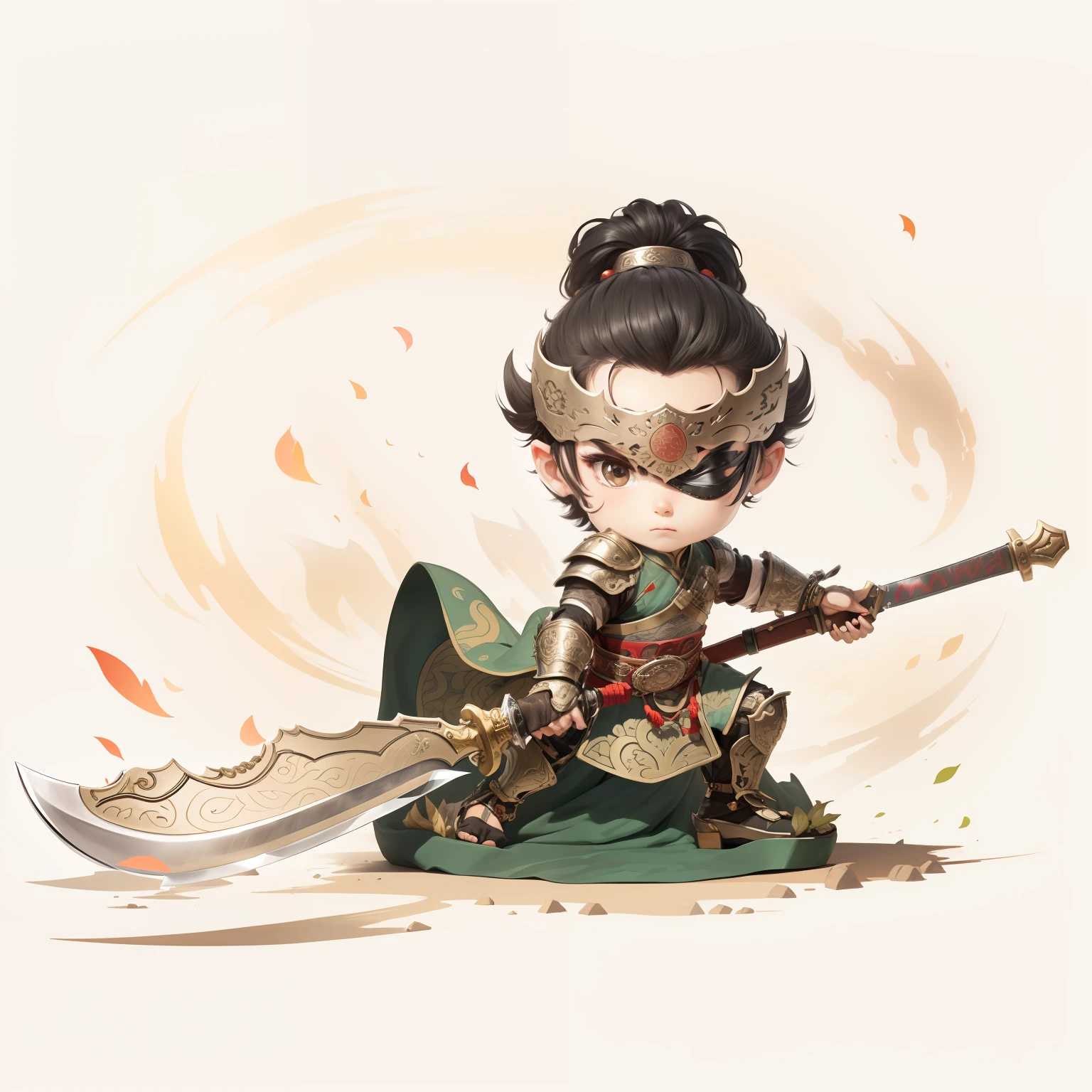 male people,Male characters,tchibi,Bad,Green Dragon Moon Knife,Big knife weapons,The handle has a delicate pattern,Shoulder blades,metal breastplate,chainmail,Animal pattern cuirass,chest plate,Bracers,Flowing hem,China-style,Chinese-style clothing,Chinese shoes,There are beautiful patterns on the weapon grips,Refinement,Fine painting,Refinement,infinite details,high definition detail,Delicate belt,Belt accessories,Male characters,Blindfolds,Black color hair,Patterned,Pattern,Blank background,Bright colors,Metal edging