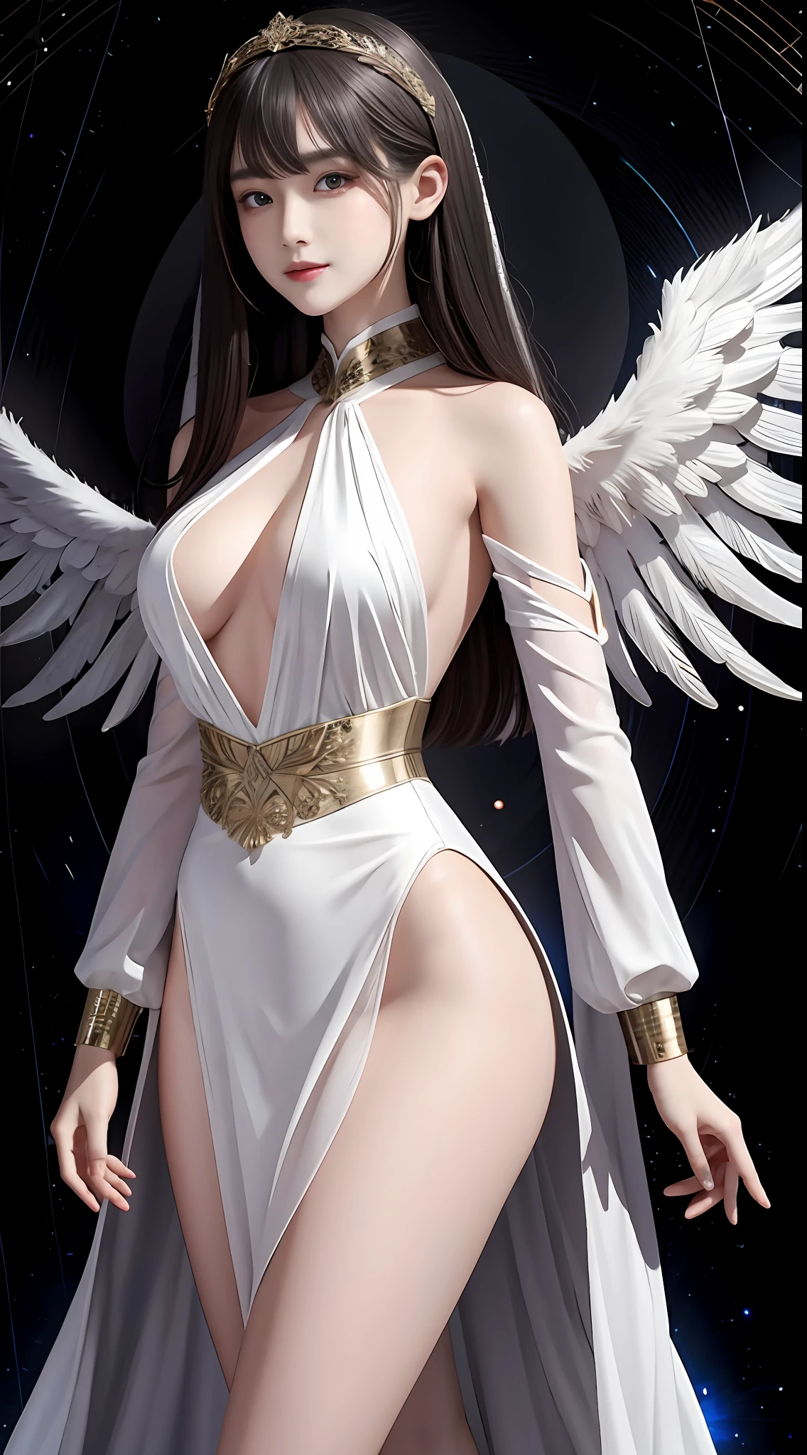 Ultra-realistic 8K CG, perfect face, perfect, clean, masterpiece, professional artwork, famous artwork, perfect face, beautiful face, beautiful eyes, cleric suit, lace, open brests, beautiful black clothes, angel wings, delicate pattern, sexy pose, Fascinating, galactic space background, big moon in the back, flapping wings