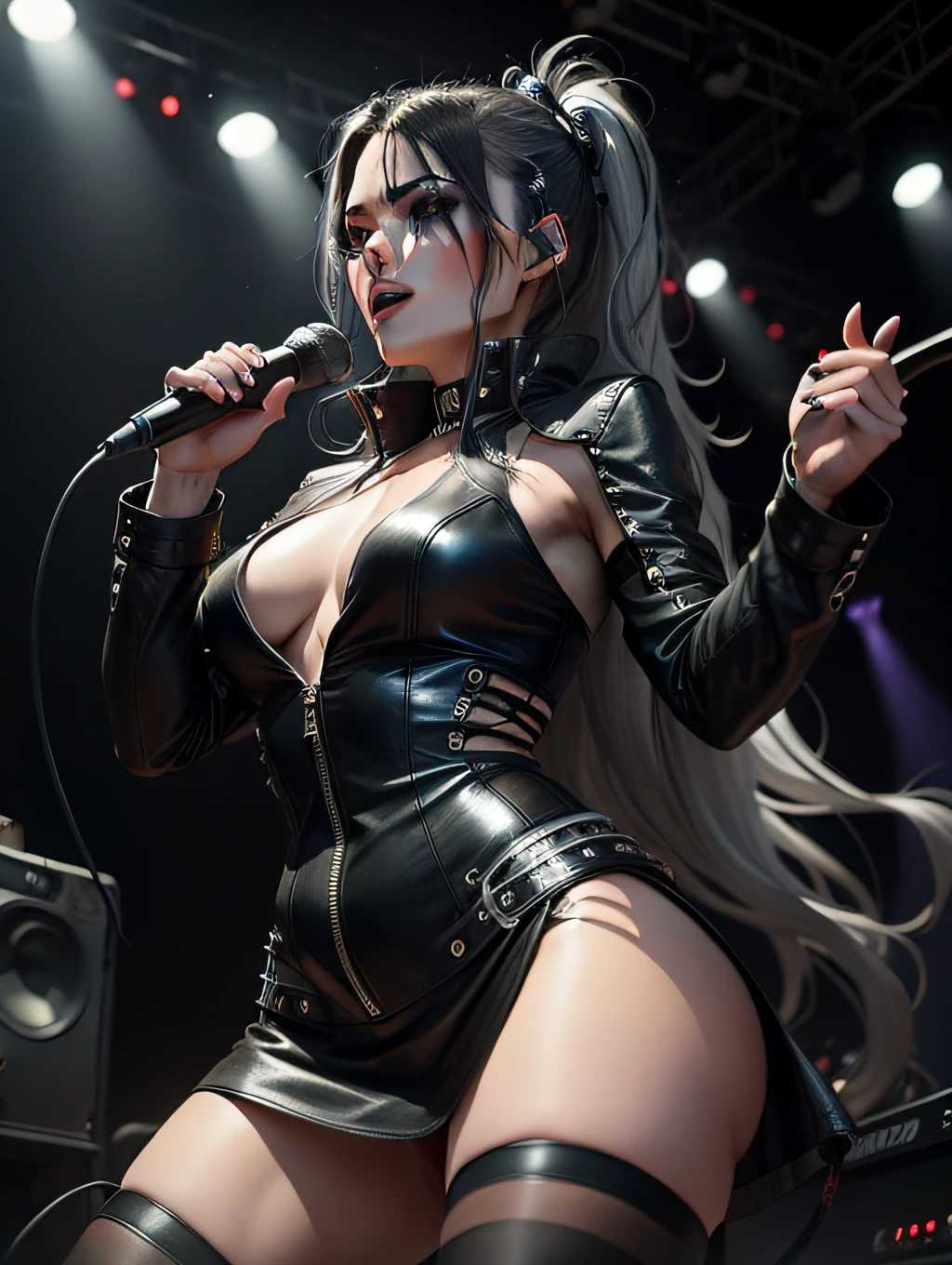 rocker woman on rock stage with gray smoke in concert with speakers in the background, singing with microphone, wearing black sensual leather clothes, with long black hair with white streaks.