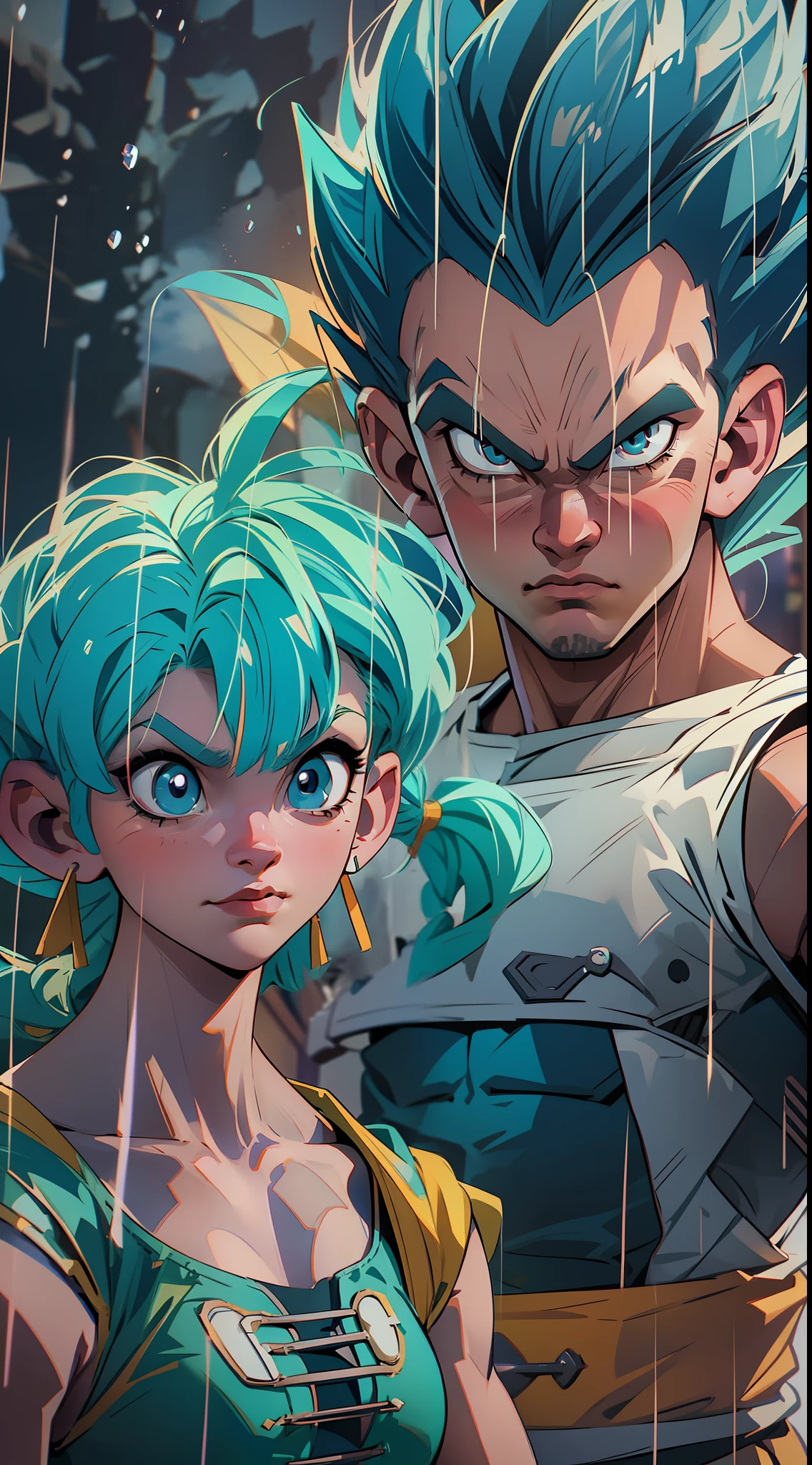 dragon ball super vegeta and bulma, super strong, muscular, raining, 35mm lens, photography, ultra details, precise texture details HDR, UHD,64K,