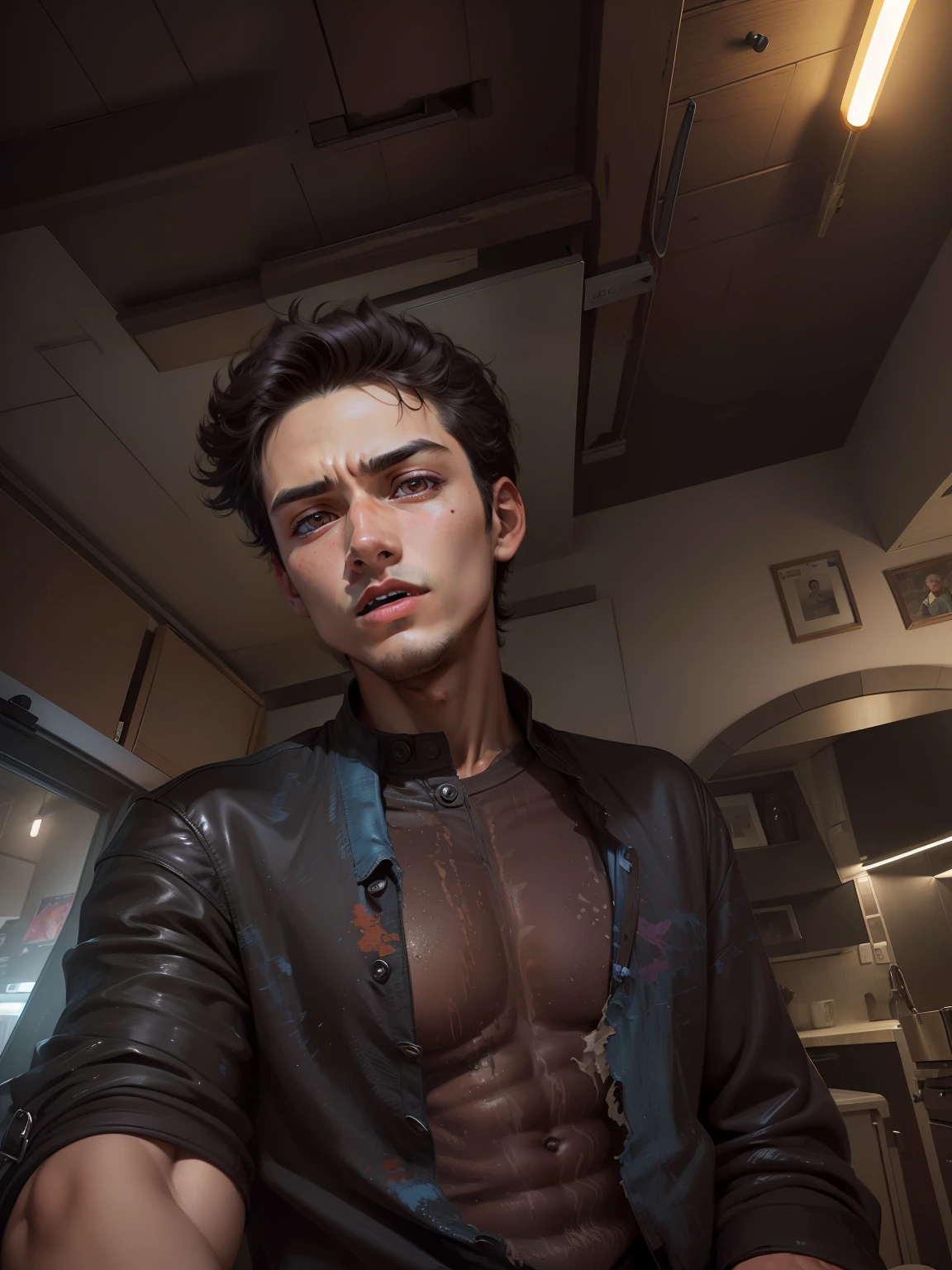masterpiece, best quality, photorealistic, Kouta, young man, shirt, dark short hair, jacket, athletic, frightened, terrified, detailed eyes, high detail skin, (vibrant color:1.2), colorful,