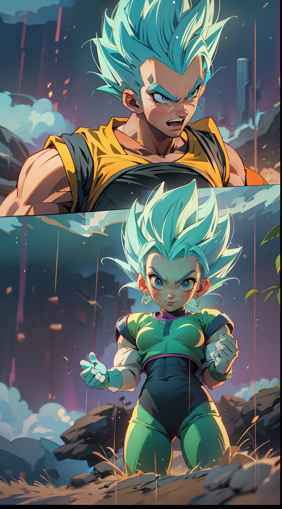 dragon ball super vegeta and bulma, super strong, muscular, raining, 35mm lens, photography, ultra details, precise texture details HDR, UHD,64K,