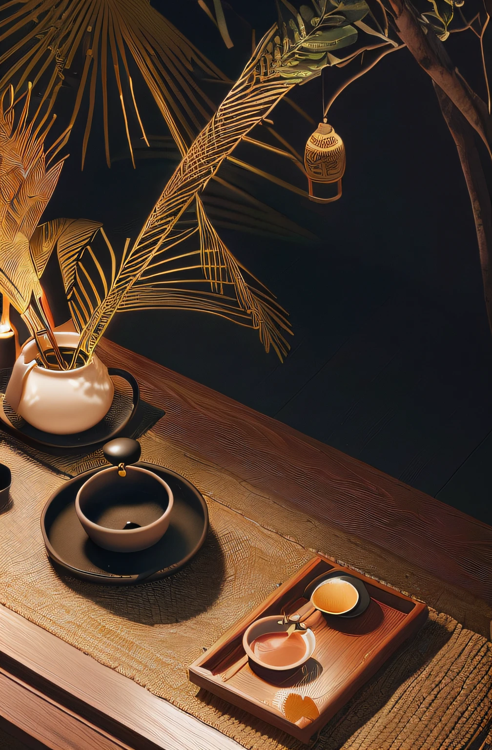 Someone is pouring tea into a cup on the table, tea ceremony scene, Tea,The teapot should be a close-up,tmasterpiece,Best quality at best,(非常详细的 CG 统一 8k 壁纸),(Best quality at best),(The best illustrations),(The best shadow),(Jungle theme),(Foliage),(tree branch),(glowworm),Particle effect,Octane rendering,Ray traching
