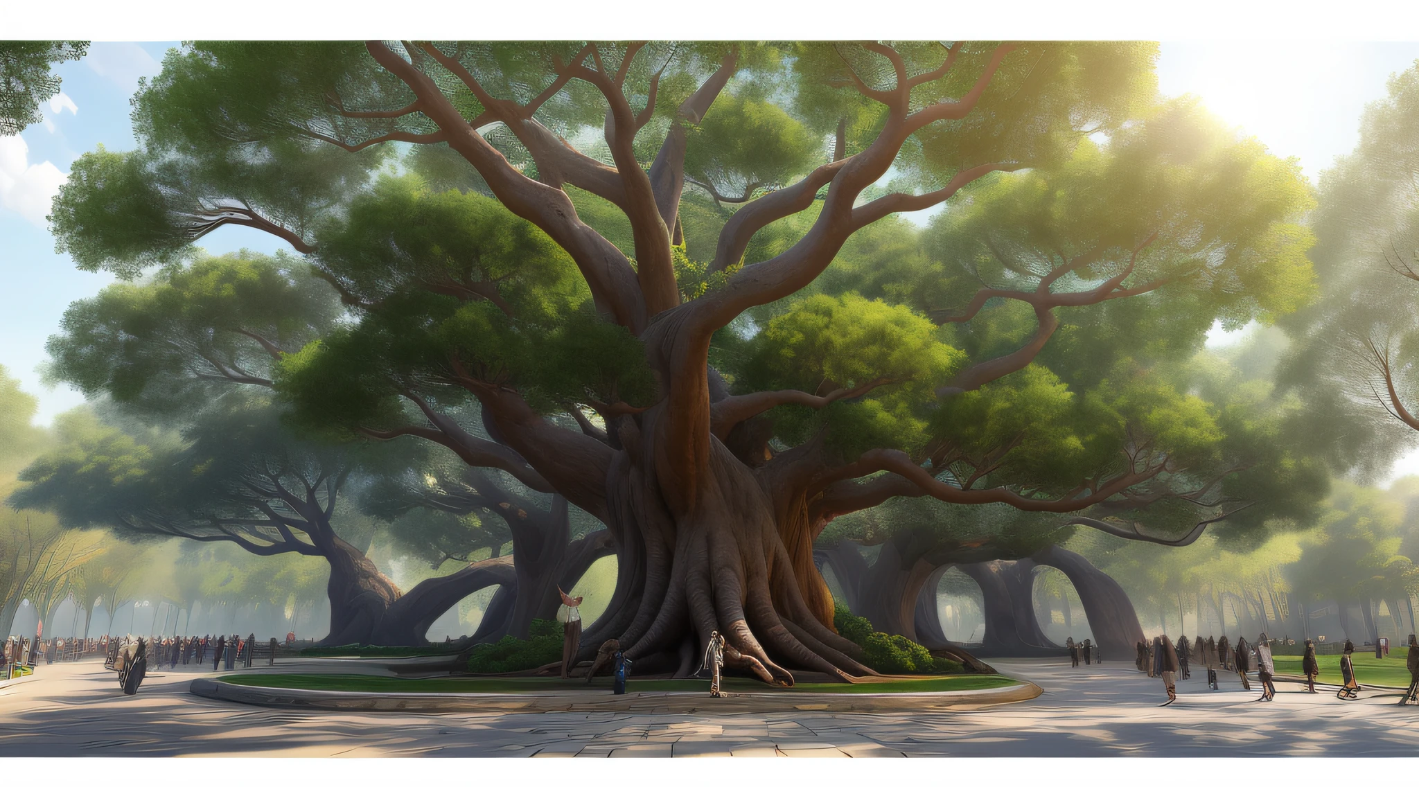 There is a banyan tree in the middle of the park, huge central tree, central tree, some sunlight ray, under the soft shadow of a tree, some sun light ray, Sunlight - Light that passes through the canopy of trees, nature growing around the city, A beautiful tree, afternoon sunlight, sunlight beaming down, sunny day time, On a sunny day, Light shining through,Ultra-realistic photos,8K UHD,真实感,high high quality,filmgrain,Fujifilm XT3,high definition detail, hyper-detailing,iintricate,high detal,sharp fokus,dramatics,Realistic painting art,photographrealistic,photoshop,photography of,A detailed,cinmatic lighting,scenecy,in a panoramic view,scenecy,Ray traching,cinema4d