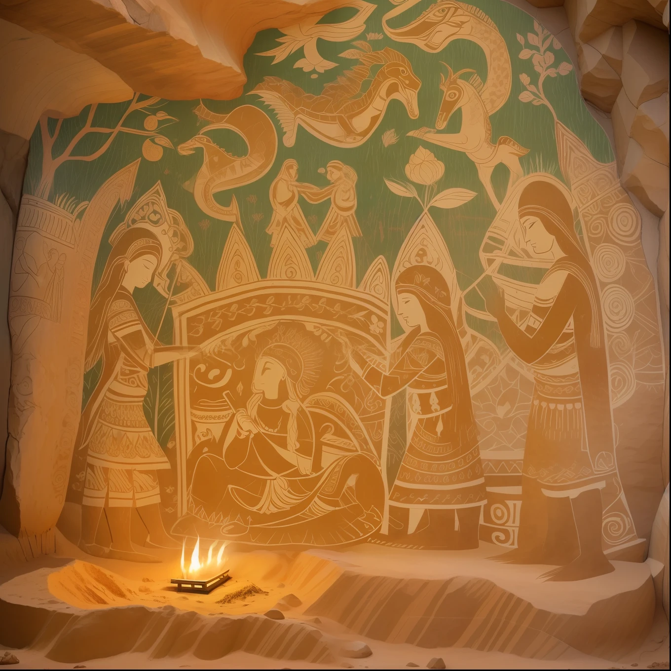 prayer is prehistory male and female, antiquity is dinosaurs with hunting, bonfire, image of deepest wall in the cave, weathering is progressing of image, lamp lighting, prehistory core with Sand painting art,