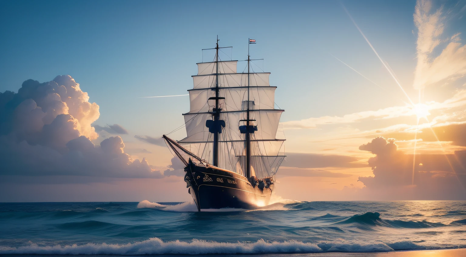 In the middle of nowhere，The majestic pirate ships are like hideous beasts，Break the waves。Their canvas hunts in the wind，It seems to speak of their indomitable will and endless courage。The hulls of these pirate ships are carved with various mysterious symbols，Exudes a mysterious and awe-inspiring aura。sun shining through clouds，Sprinkle on the sea，Patches of golden light are formed。
