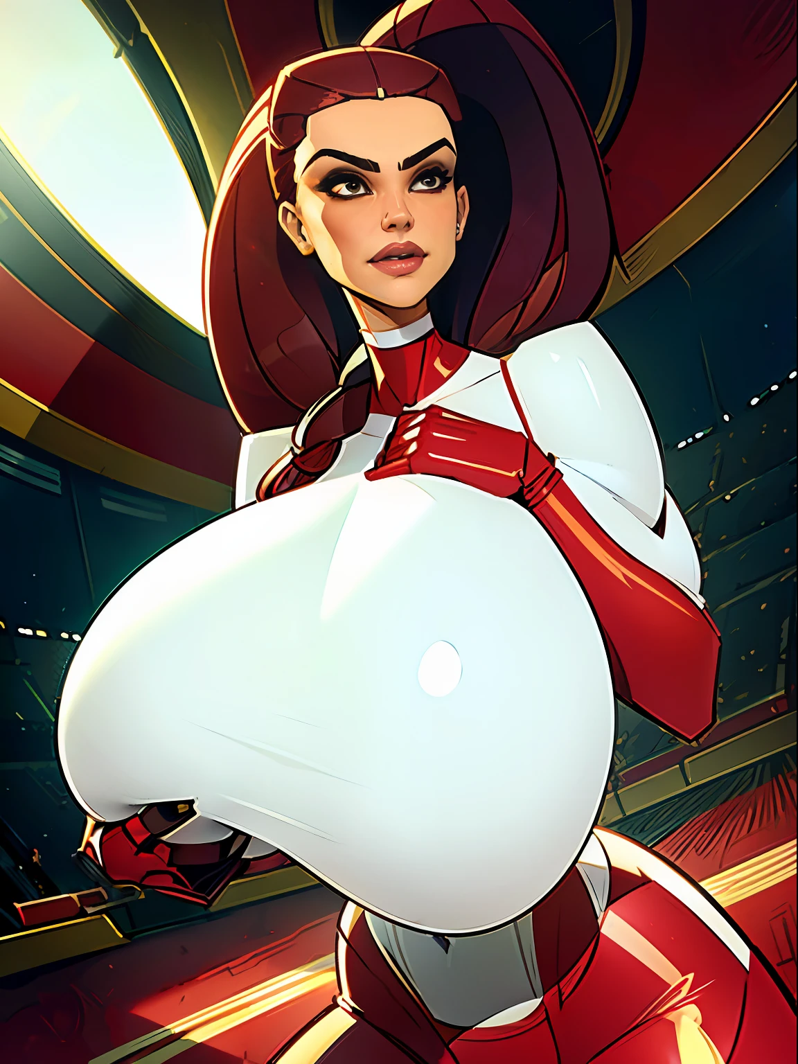 1girl, short petite busty brunette comic book woman lifting up her gigantic tits, gorgeous face, masterpiece, beautiful, high quality, high definition, superb quality, highly detailed, intricate detail, sultry, smirking, sexy pose, breast squeeze, pressing breasts together, long hair, huge ponytail, slim, thin, athletic, womanly, rubbery, elastic woman, (modest red spandex with white panels on sides, red and white morph suit, tight top), rubber body, brunette, (((gigantic breasts, gigantic boobs, massive tits, slim waist, overflowing breasts, too big for her top))), city, soft lighting, natural lighting, natural color, heroic, cheerful, (bold nose, hawkish facial features),