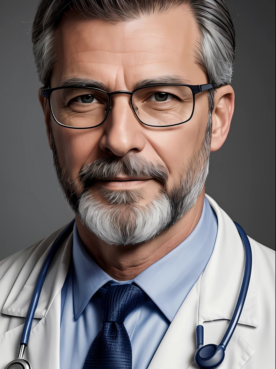 Create a frontal portrait of a middle-aged male doctor wearing glasses, with highly detailed face and skin. He has a beard and graying hair, dressed in a pristine white medical coat, and a stethoscope hanging around his neck. The image will be ultra-realistic, with studio lighting and a neutral background to emphasize the doctor's professional appearance.
In this artwork, the doctor's face will be meticulously rendered, capturing every wrinkle and expression. The beard and graying hair will add a touch of wisdom and experience to his appearance.
The glasses he wears will be intricately detailed, with reflections on the lenses and fine metal frames, adding to the realism of the portrait.
His white medical coat will be depicted with remarkable attention to detail, showcasing the texture of the fabric and any creases that naturally occur while wearing it.
The stethoscope around his neck will be carefully drawn, with every curve and detail accurately represented, further enhancing the authenticity of the image.
The lighting in the portrait will be from a studio setup, casting soft shadows on the doctor's face and coat, creating a realistic three-dimensional effect.
The background will be kept neutral, ensuring the doctor is the focal point of the artwork.
The final illustration will be in UHD resolution, allowing viewers to appreciate the fine details and precision in the portrayal of this skilled and compassionate medical professional. The image will evoke a sense of trust and professionalism, capturing the essence of a dedicated and experienced doctor.