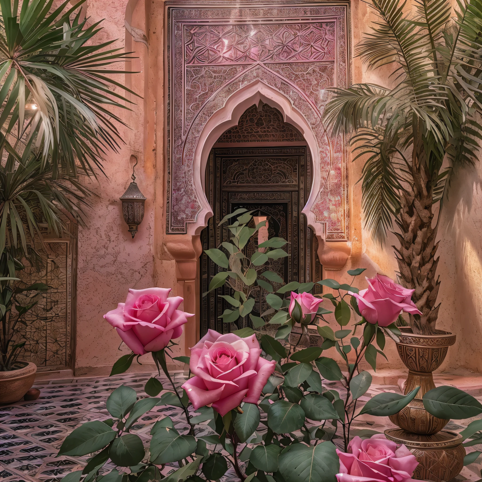 pink roses, moonrays, masterpiece, best quality, ultra high res, RAW, ((Riad)), riad fountain, Marrakech, moroccan candle holders, palm trees, opalescent, (Photoluminescence lights), gems, ((glowing flowers)), clear, Cinematic RAW photo, hyper real photo, ultrarealistic, 8k uhd, dslr, soft lighting, high quality, film grain, Fujifilm XT3, photographed on a Kodak Retina II Sanyo Xacti VPC-CA6, 50mm lens, Wide Angle, HDR, hyper-realistic, colorgraded, volumetric lighting, [volumetric fog, moist], shallow depth of field, reflections, photo, (sparkling) splashing, glistening, (iridescent), glimmering, crystals, mystical, enchanting, glittering, Morocco, exotic, (masterpiece) (best quality) (detailed) (8k) (HDR) (wallpaper) (cinematic lighting) (sharp focus) (intricate), Amazigh, courtyard