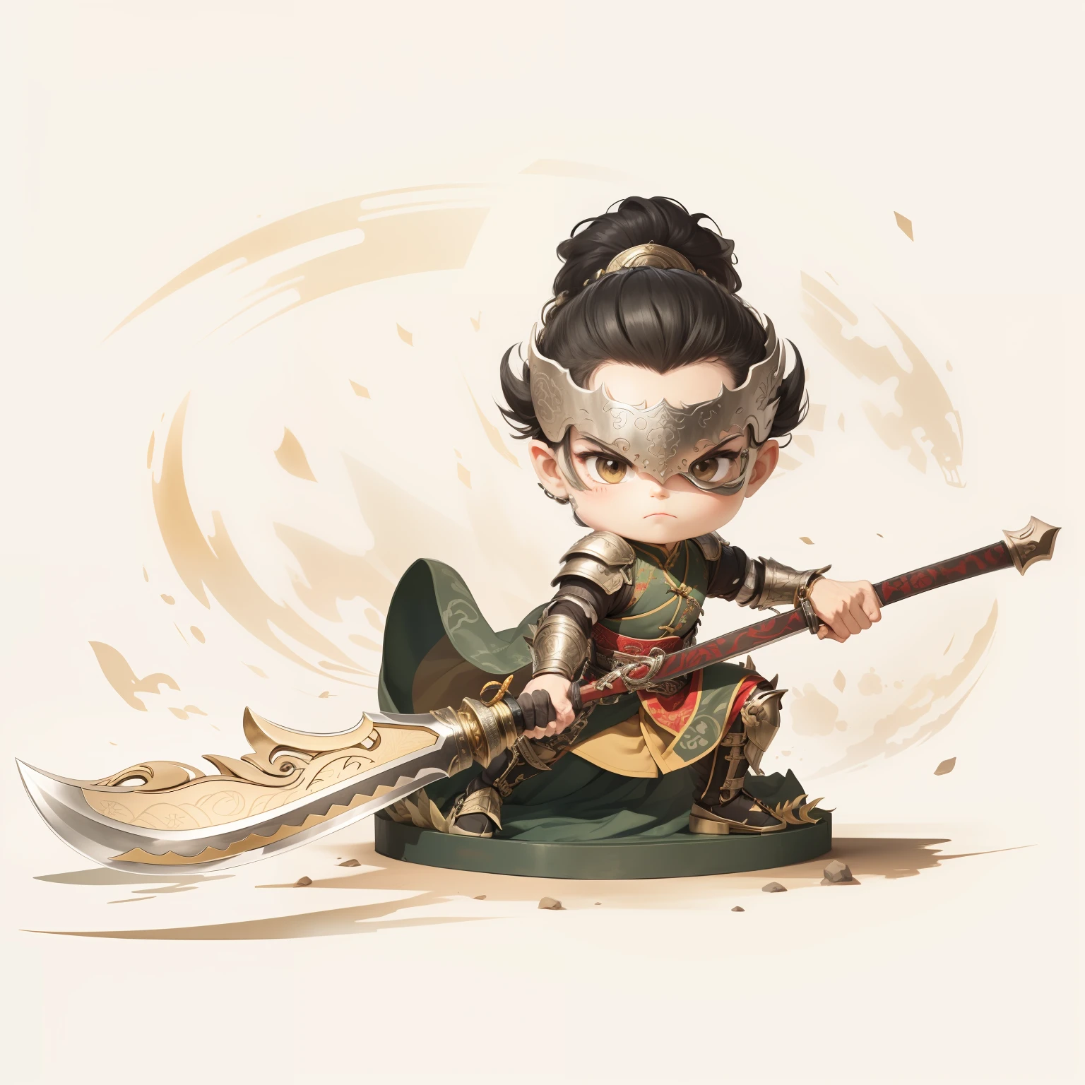 male people,Male characters,tchibi,Bad,Green Dragon Moon Knife,Big knife weapons,The handle has a delicate pattern,Shoulder blades,metal breastplate,chainmail,Animal pattern cuirass,chest plate,Bracers,Flowing hem,China-style,Chinese-style clothing,Chinese shoes,There are beautiful patterns on the weapon grips,Refinement,Fine painting,Refinement,infinite details,high definition detail,Delicate belt,Belt accessories,Male characters,Blindfolds,Black color hair,Patterned,Pattern,Blank background,Bright colors,Metal edging