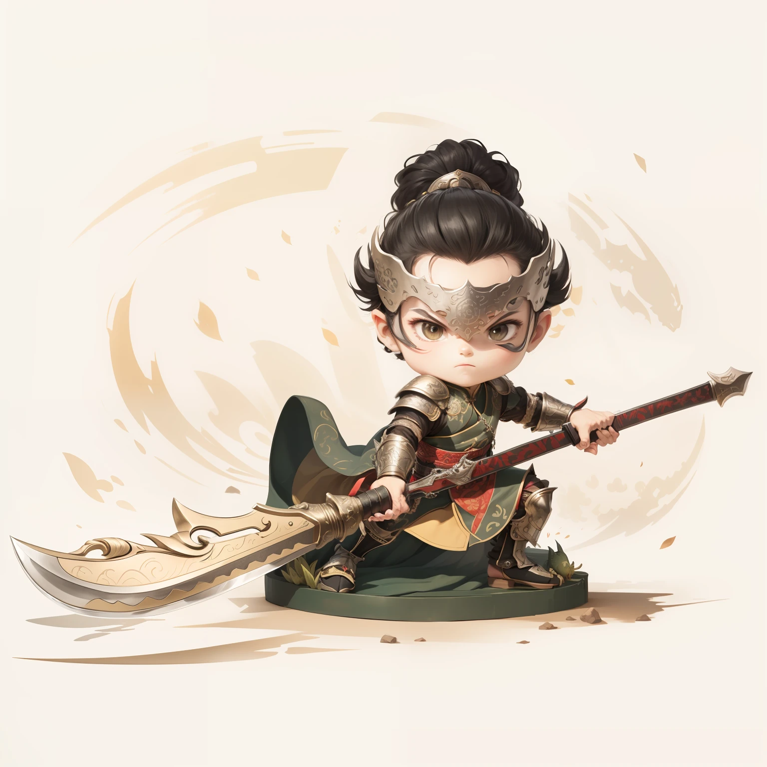 male people,Male characters,tchibi,Bad,Green Dragon Moon Knife,Big knife weapons,The handle has a delicate pattern,Shoulder blades,metal breastplate,chainmail,Animal pattern cuirass,chest plate,Bracers,Flowing hem,China-style,Chinese-style clothing,Chinese shoes,There are beautiful patterns on the weapon grips,Refinement,Fine painting,Refinement,infinite details,high definition detail,Delicate belt,Belt accessories,Male characters,Blindfolds,Black color hair,Patterned,Pattern,Blank background,Bright colors,Metal edging