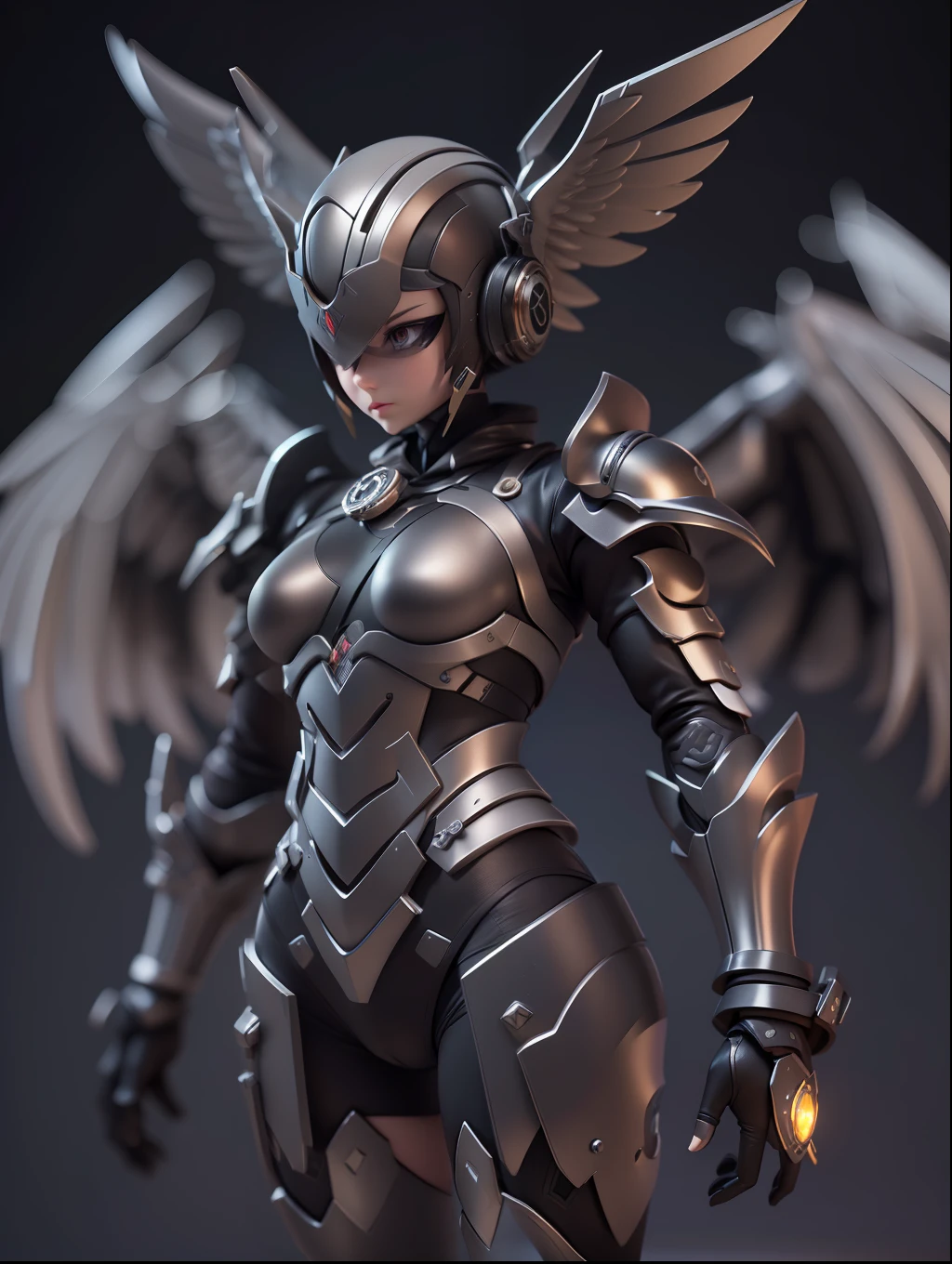 (Blind box toy style:1.2), (Full body shot) , 1 Mechanical Angel ,anatomy correct，Black-gray metal wings，Black-gray armor, hooding:1.2, Solo，(circular base:1.2）， Mechanical style, dreamy glow, Clean, Brown undertone, Battle damage style:1.2,Black gold style ( Clean background，Global illumination, Ray traching, hdr, unreal render,reasonable design, high detal, Masterpiece, Best quality, hyper HD, Cinematic lighting)