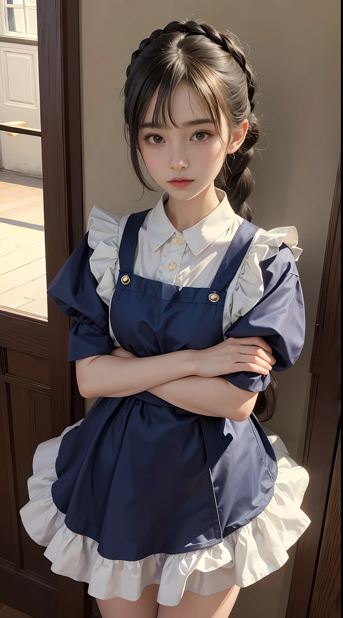 top-quality、​masterpiece、超A high resolution、(Photorealsitic:1.4)、Raw photo、女の子1人、British Made、Maid headband with frills、poneyTail、Braiding hair、frilled blouse、Ribbon Ties、pinafore、long  skirt、puff sleeves、White silk ankle socks with frills、glistning skin、is standing