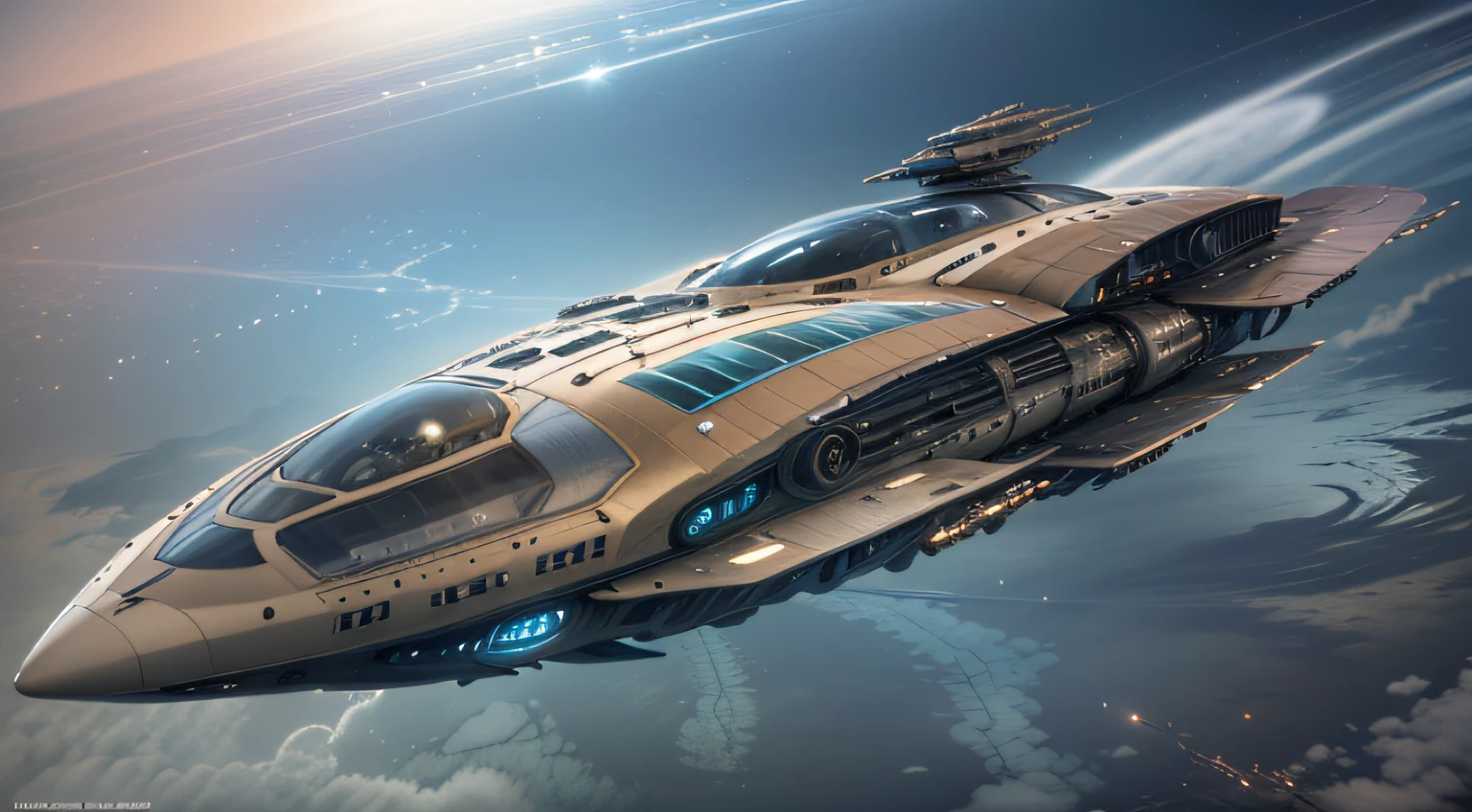 High-speed rail shape starship，Random shape，The future is full of technology，Complex symmetrical structure，Ultra-detailed graphics，LED lights flashing，（Starships have a strong metallic sheen：1.3），Cockpit exterior，Close-up of medium and near，Silvertone，Streamlined，space scene：1.3，（（（Fly through the universe，Earth background：1.4））），rendering by octane，Ultra photo realsisim，hyper realisitc，A masterpiece of science fiction，Cinematic texture，hyper photorealism，Premium wallpapers，Master masterpieces，offical wallpaper.(((The main body of the starship is clear，Don't split the screen)))，（Aerial view in the center of the frame：1.3），3D,C4D, --v6