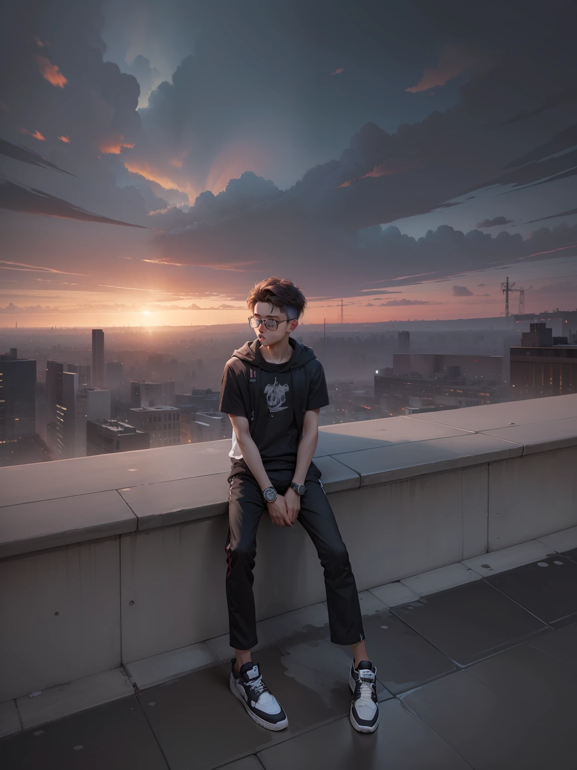 a masterpiece，Bestquality，offical art，8kwallpaper，Extremely Detailed，Illustration，1BOY，Trendy outfits，watch，sneaker shoes，squat down，Hands droop naturally，Hooded jacket，Street side，
