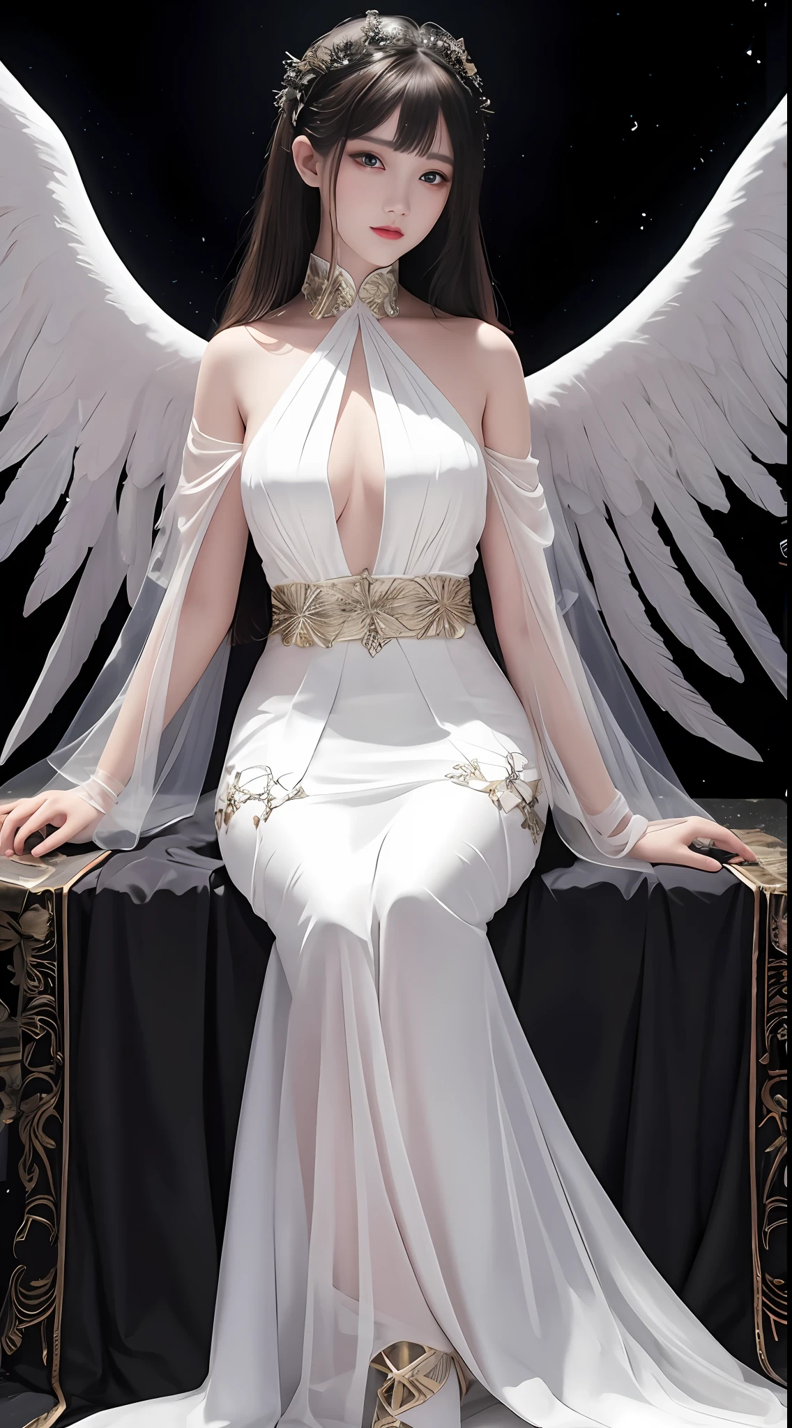 Ultra-realistic 8K CG, perfect face, perfect, clean, masterpiece, professional artwork, famous artwork, perfect face, beautiful face, beautiful eyes, black cleric suit, lace, open brests, beautiful black clothes, angel wings, delicate pattern, sexy pose, sitting, Fascinating, galactic space background, big moon in the back, flapping wings