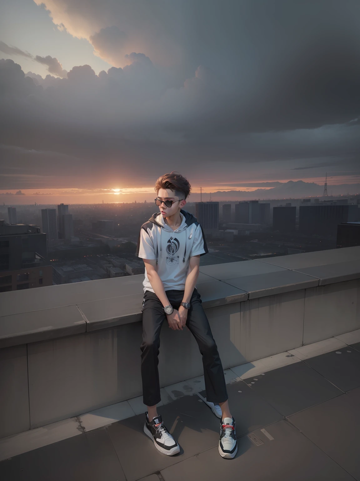 a masterpiece,Bestquality,offical art,8kwallpaper,Extremely Detailed,Illustration,1BOY,Trendy outfits,watch,sneaker shoes,squat down,Hands droop naturally,Hooded jacket,Street side,