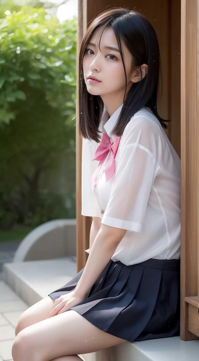 (((Top image quality、8K、1人の女性)))、japanes、((The whole body is visible、clothes wet))、独奏、1 female、A woman is photographed alone、cute little、ren、Beautuful Women、Beautie、Double eyelids、full body Esbian、1:3、((Wearing a uniform))、Shoes are also in the photo、dark sky、rain is falling、夏天、Plum rain、shortsleeves、The face is orderly、japanes、(Pink underwear with a faint sheer feeling)、Sheer in a white shirt、short white sleeves、wearing skirt、Hair is wet、More transparent shirt、shelter、rain is falling、NSFW、posterior view、(Turning around)、Sit with your legs bent、Breasts are big、Next door