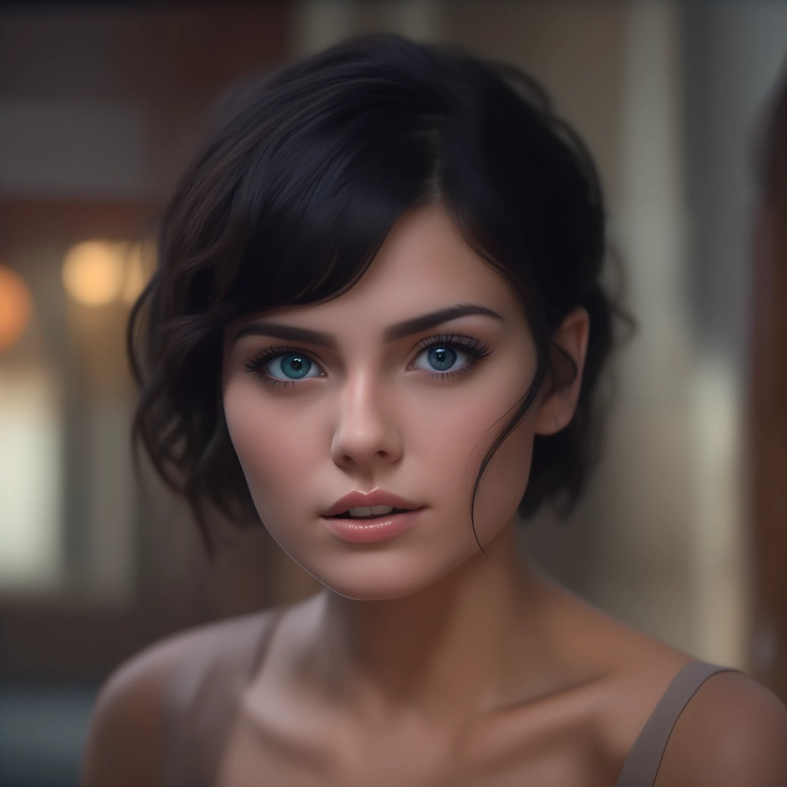 Maintain eye contact whot a beautiful, short black haired girl, sexy, fell in love, detailed face, frecles, closeup. sweaty,